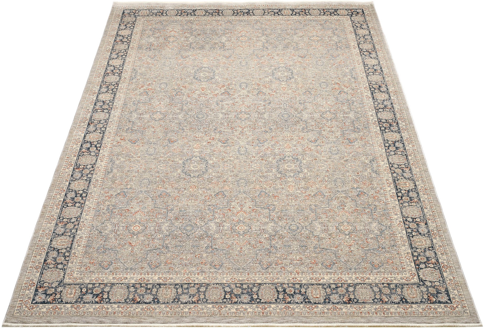 Teppich OCI DIE TEPPICHMARKE "GRAND FASHION 05", grau (grau, blau), B:120cm H:5mm L:170cm, Polyester, Teppiche, Teppich, Vintage Optik, feine Fransen, Wohnzimmer