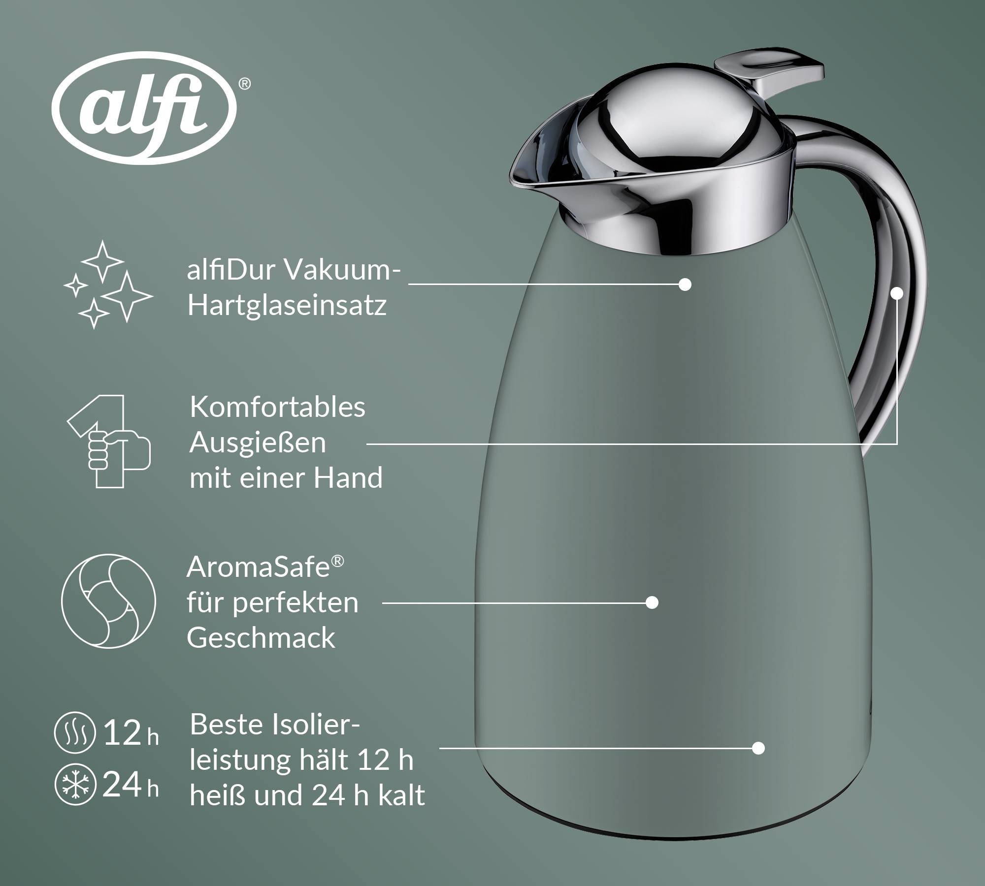 Alfi Isolierkanne »SIGNO, mit Hartglaseinsatz« 1 l 1 Stk. tlg. 12h heiß & 24 kalt, Drehverschluss mit bequemem Druckknopf