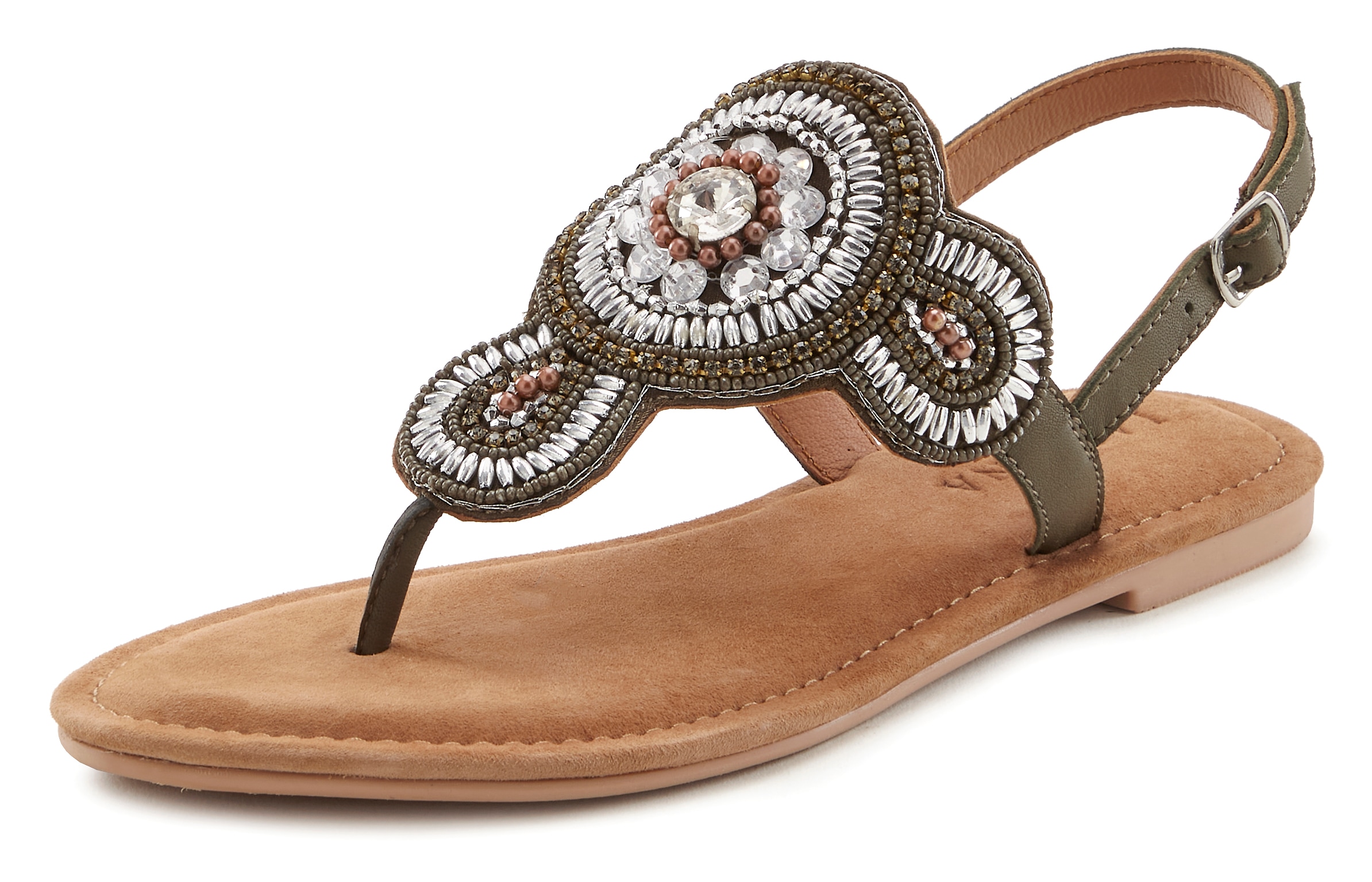 LASCANA Zehentrenner, Sandale, Pantolette in Glitzer-Optik und softer Lederinnensohle