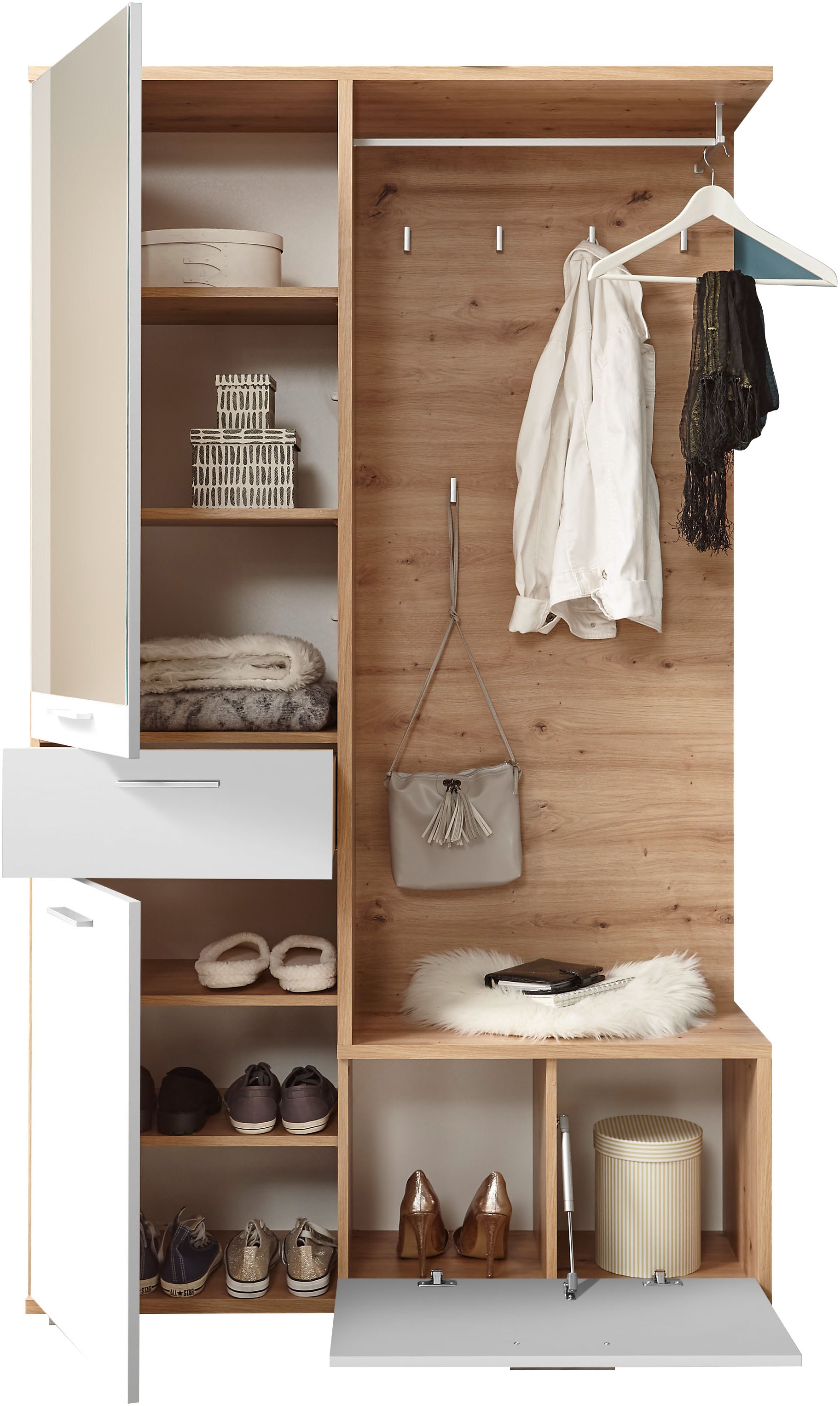 HBZ Kompaktgarderobe »Entra Garderobe, BxHxT 117x198x38 cm«, (3 St.), mit Spiegel und Schubkasten