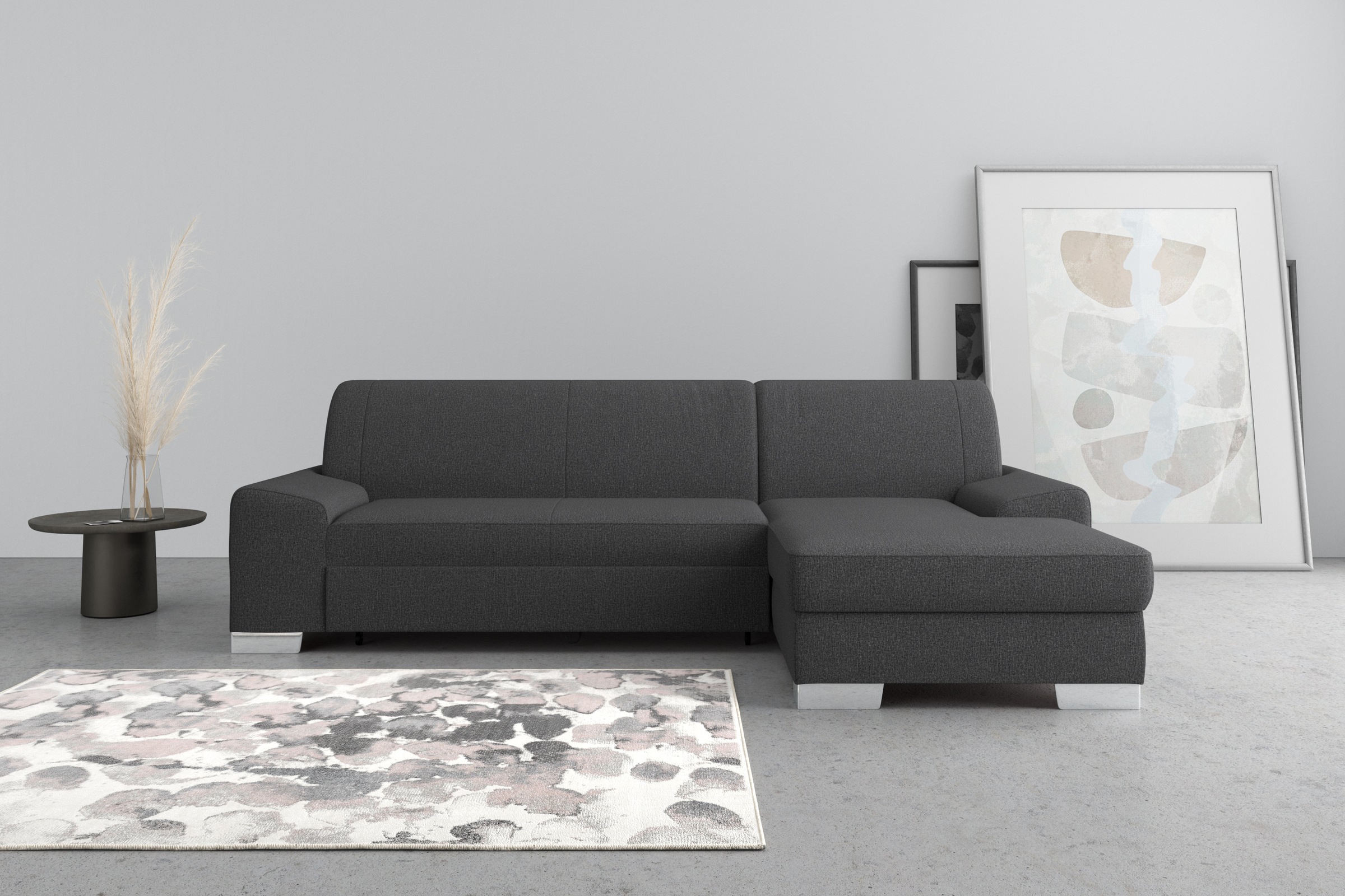 DOMO collection Ecksofa »Anzio L-Form, whlw. Bettfunktion, Federkern, hochwertig, Breite 271 cm«, Mit Bettfunktion, Recamiere rechts, Feinstruktur, anthratzit
