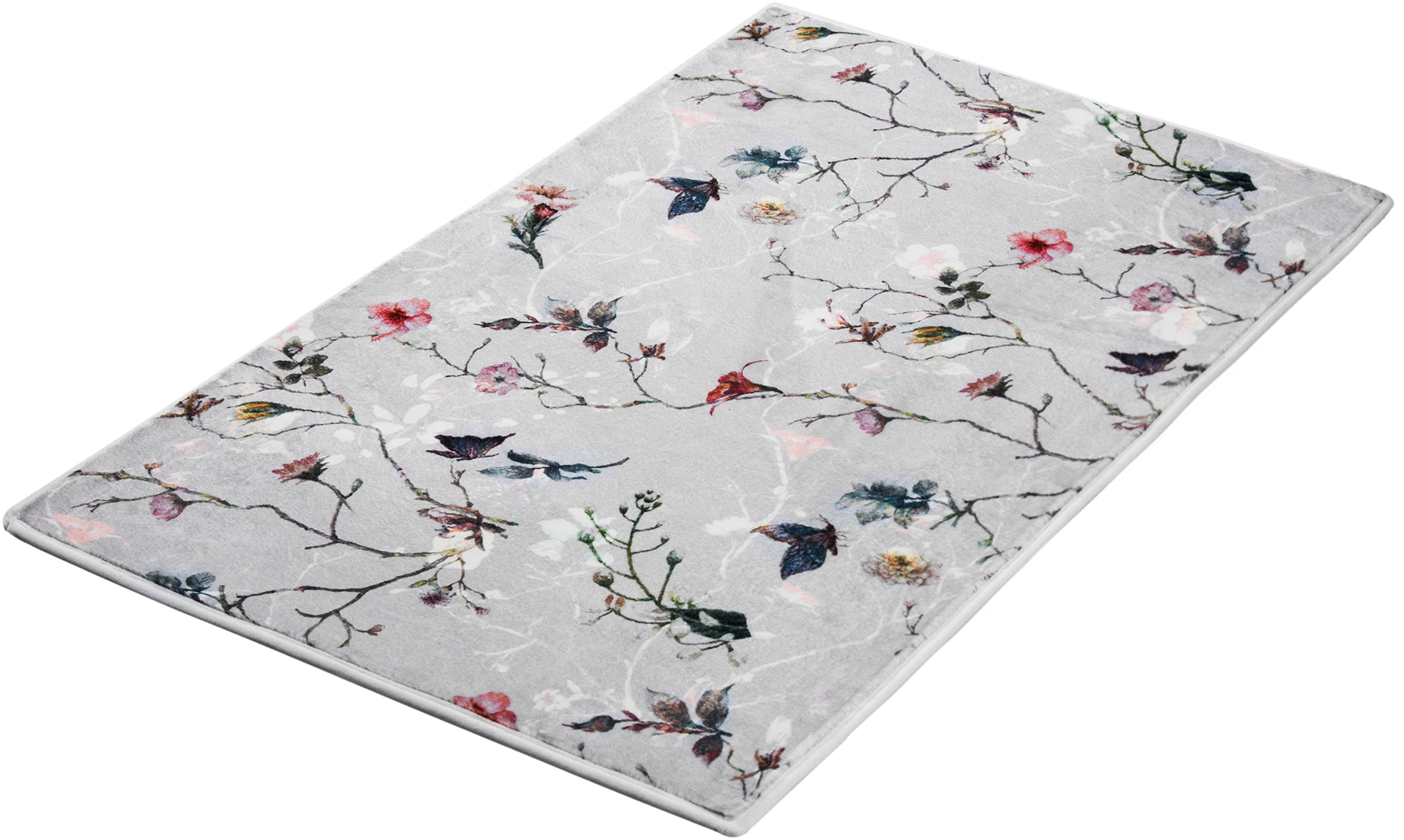 Kleine Wolke "Flores, Badvorleger, Badezimmer Teppich" Höhe 5 mm rutschhemmend beschichtet fußbodenheizungsgeeignet romantisch verspieltes Design mit Blumen und Schmetterlingen