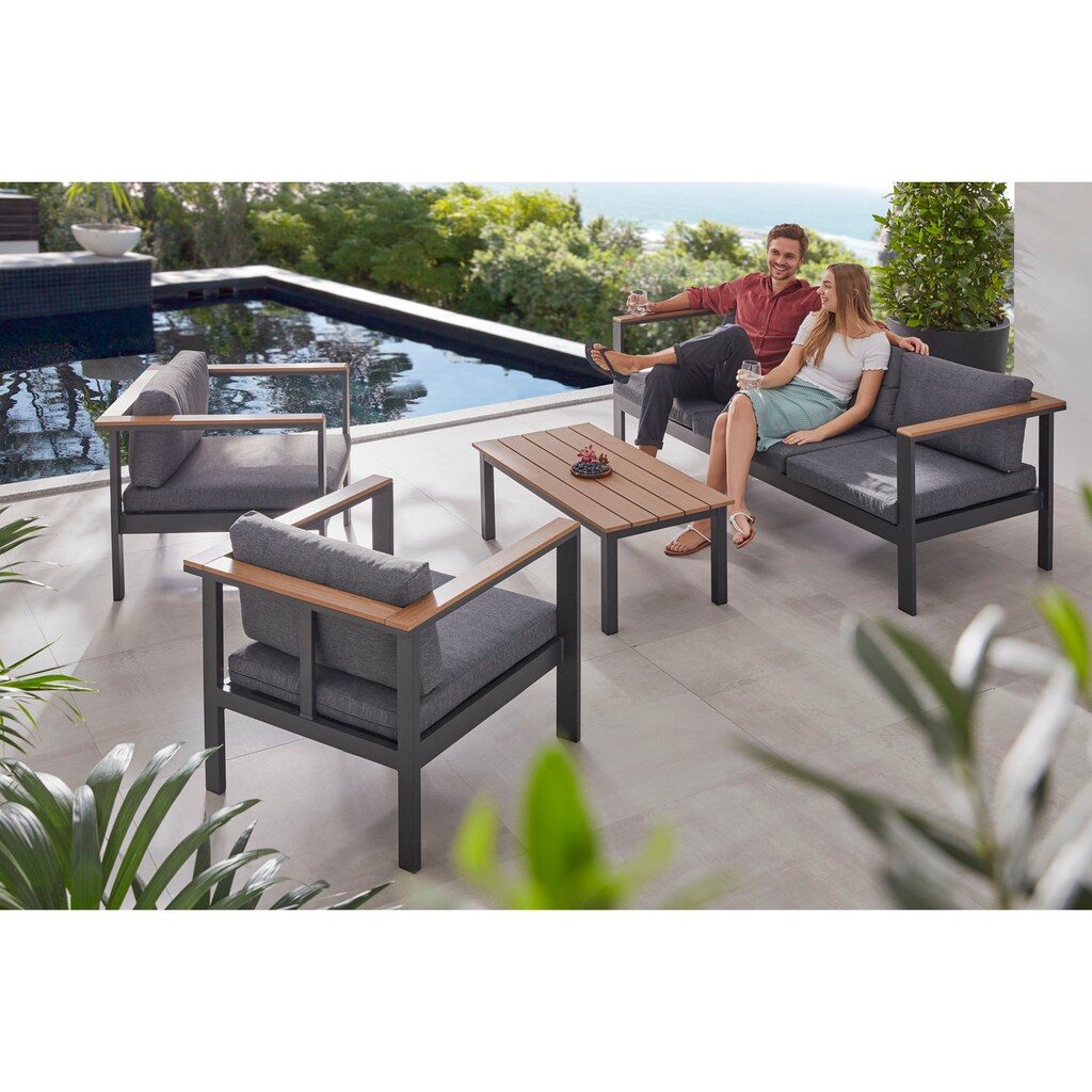 KONIFERA Gartenlounge-Set »Copenhagen«, (Set, 14 tlg., 1x 3er Sofa, 2x Sessel, 1x Tisch 100x52x39 cm, inkl. Auflagen)