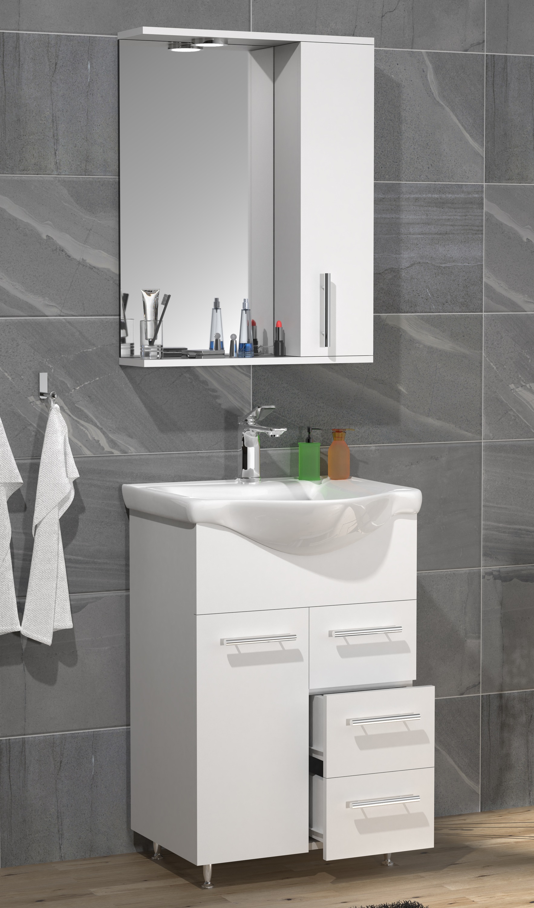 VCM Waschbeckenunterschrank »VCM 3-tlg. Waschplatz Waschtisch Badmöbel Set Waschbecken Schublade Spiegelschrank Lisalo L«, (3 St.)
