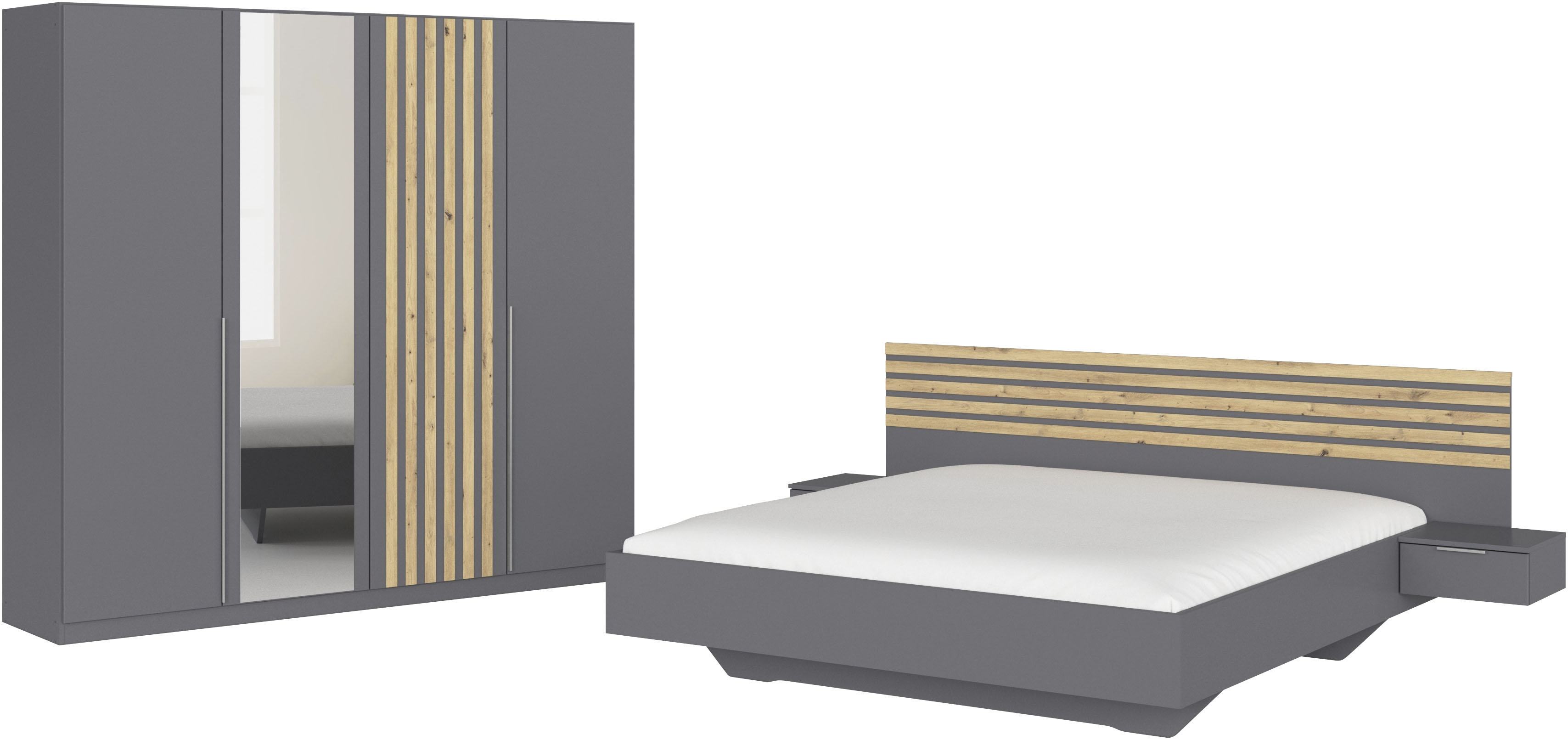 rauch "Komplettzimmer Komplett Set Schrank 226 cm Bett 160/180 cm LAMELLA" Set, 3 verschiedene Ausstattungen BASIC/CLASSIC/PREMIUM (inkl. SOFT-CLOSE), 4 tlg. tlg.