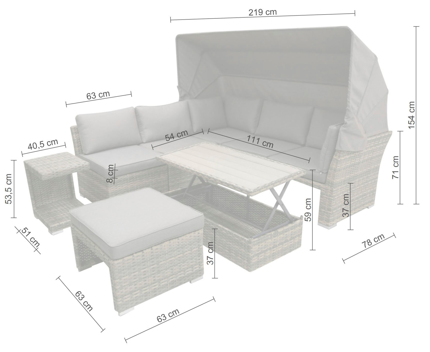 KONIFERA Gartenlounge-Set »Hawaii Premium«, (Set, 19 tlg., 1x3erSofa, 2xSessel, 1xHocker, 1xBeistelltisch, 1xTisch 111x54x59cm), mit aufklappbarem Dach und zur Sonneninsel umbaubar, Aluminium