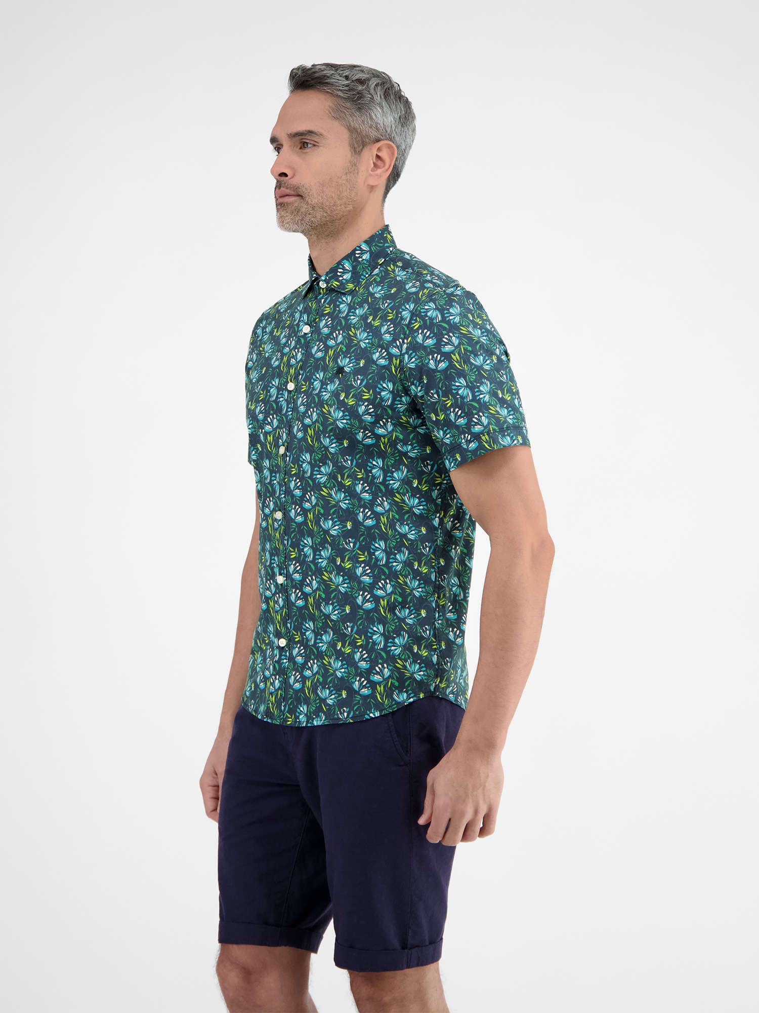 Kurzarmhemd LERROS "Herren Poplin-Stretchhemd, floral gemustert", Herren, Gr. S, Normalgrößen, blau (coastal blau), 97% Baumwolle, 3% Elasthan, Hemden 3