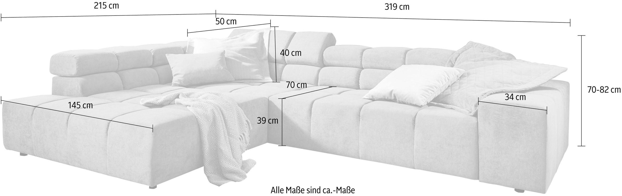 INOSIGN Ecksofa »Ancona incl. Kopfteilverstellung, Zierkissen Breite 319cm, L-Form«, wahlweise motorische Sitztiefenverstellung, auch in Cord + Easy Care