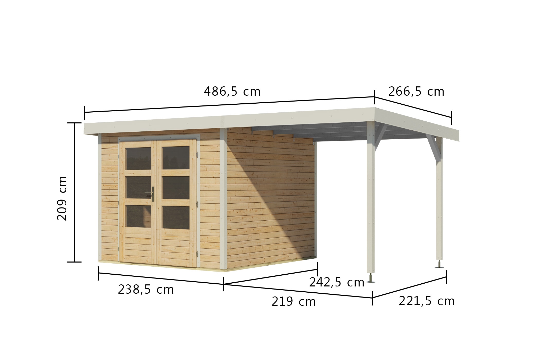 Karibu Gartenhaus »"Jupiter 3,5 A" SET naturbelassen, mit Anbaudach 2,35 m breit«, hochwertige Materialien: nordische Fichte, Stahlecken, Trapezblechdach