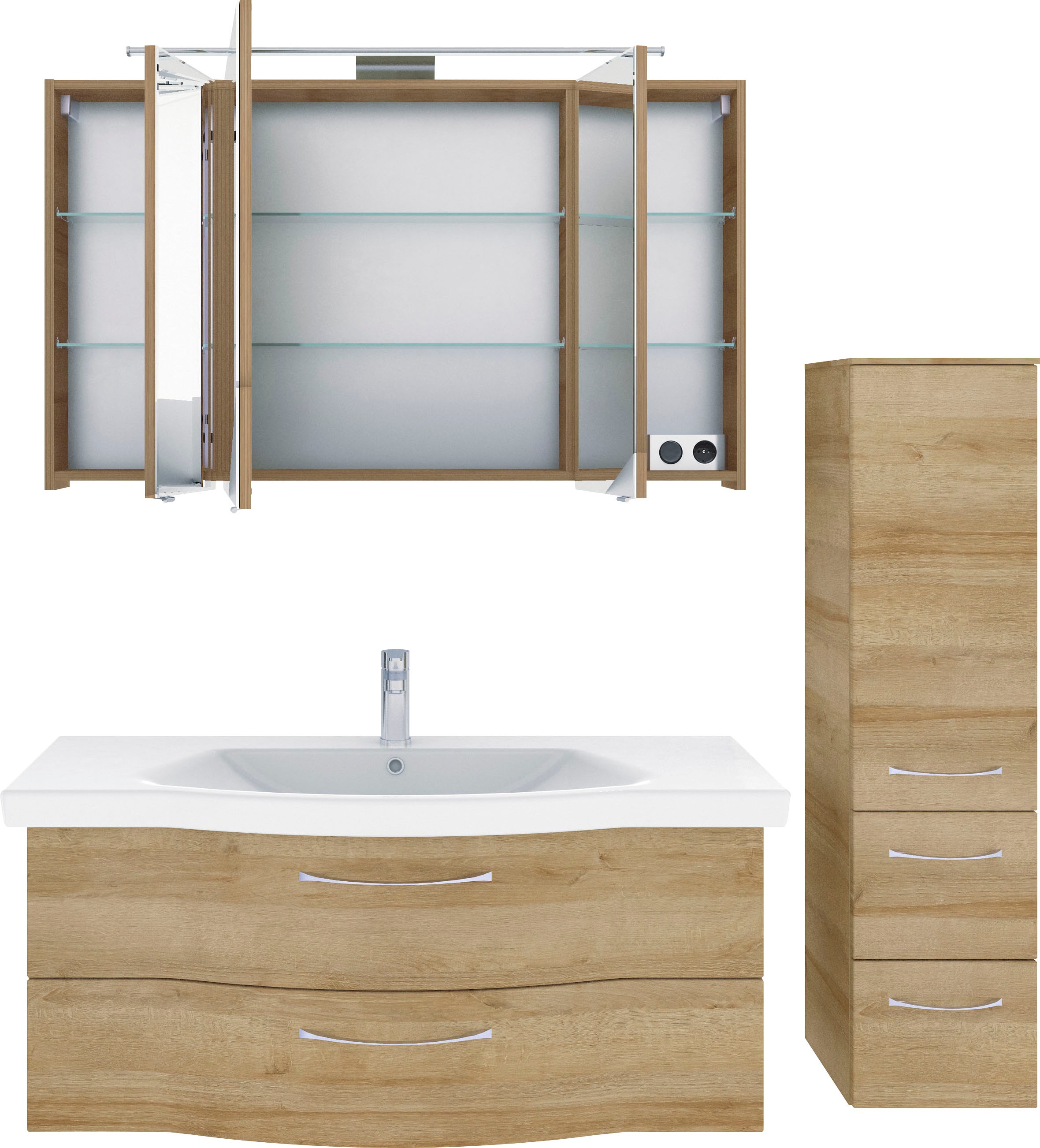Saphir Badmöbel-Set »6005 Sprint 3-teilig, Keramik-Waschtisch mit LED-Spiegelschrank«, (4 St.), Midischrank, inkl. Türdämpfer, 4 Türen, 4 Schubladen, Bad-Set