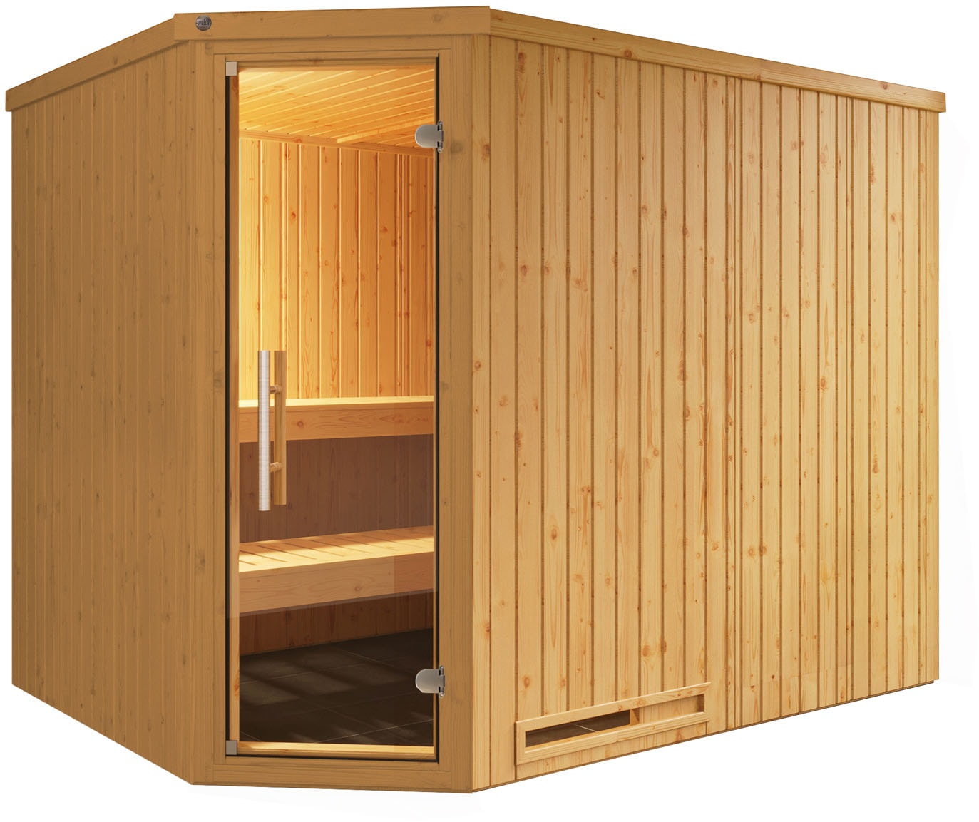 WEKA Sauna "Element-Ecksauna VARBERG 4", Saunaofen, externe Steuerung, 7,5 kW, beige, Saunen, vorgefertigte Elemente, moderne Ganzglastür