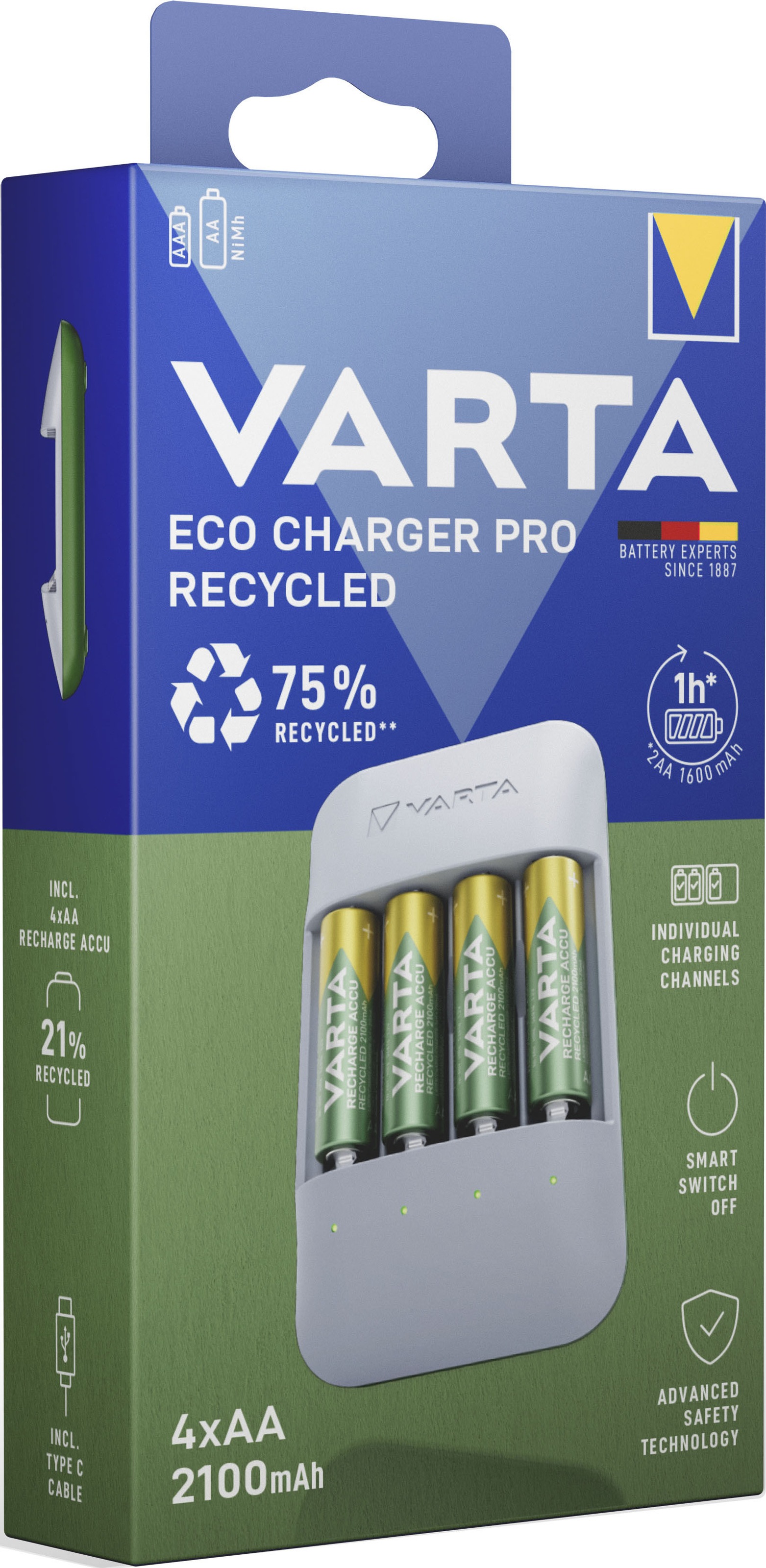VARTA Batterie-Ladegerät »Eco Charger Pro Recycled + 4 x 2100 mAh AA«, (Packung)