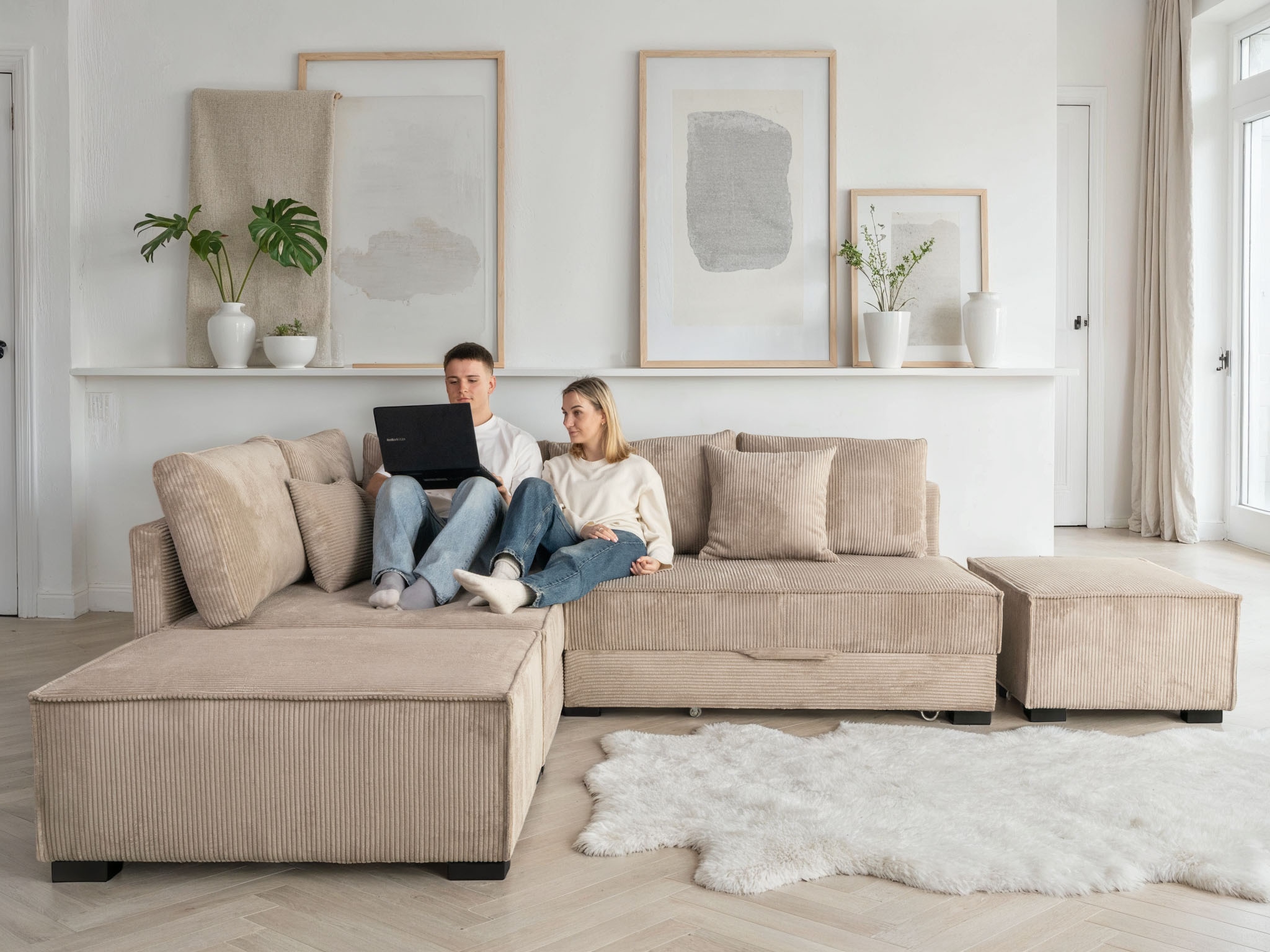 Home affaire "Night & Day L-Form, B: 316 cm mit Dauer-Schlaffunktion 180x200 cm" Set: Sofa & Hocker, Schlaffunktion, Bettkasten & Kissen, Boxspringbett