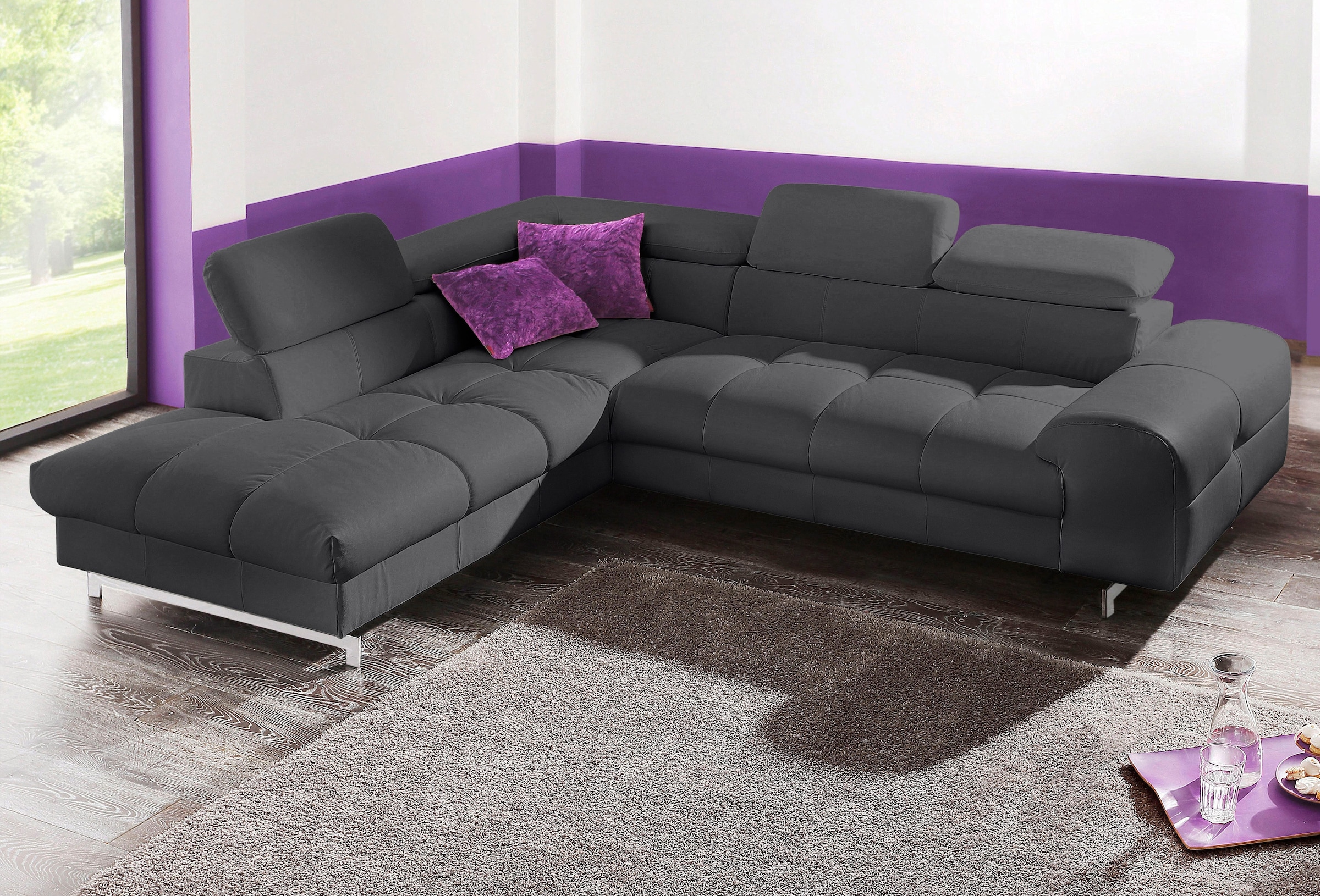 COTTA Ecksofa "Chef L-Form, B: 257cm, Leder, inkl. Kopfteilverstellung" optionale Schlaffunktion, moderne Metallkufen H 12cm, Wellenfederung