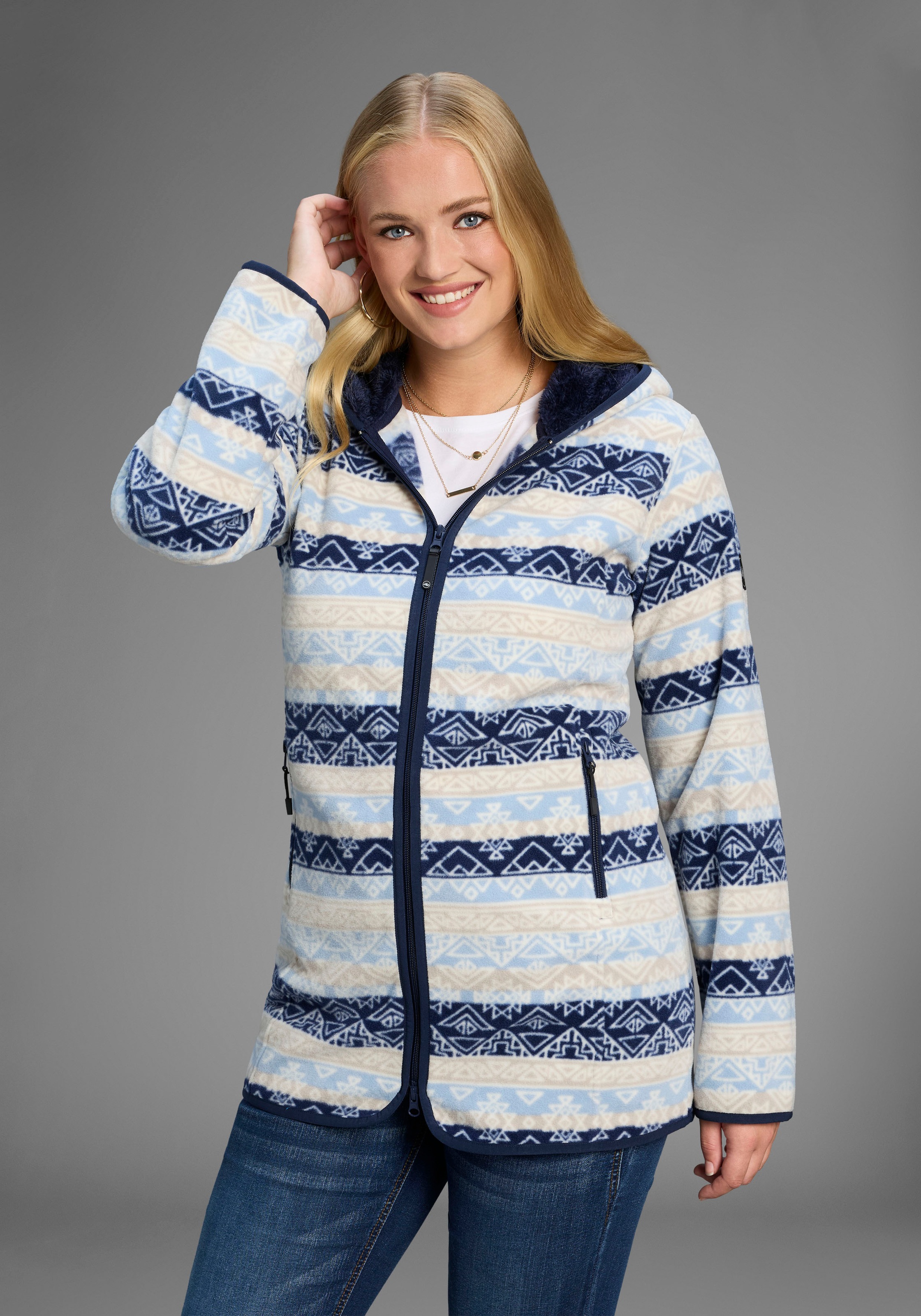 Fleecejacke POLARINO, Damen, Gr. 58, weiß (blau, woll weiß), Fleece, Obermaterial: 100% Polyester. Kapuzenfutter: 100% Polyester, bedruckt, ethno, gemustert, kontrastfarbene Details, mehrfarbig, bequem Po-bedeckend, mit Paspel eingefasste Kante, Jacken Fl