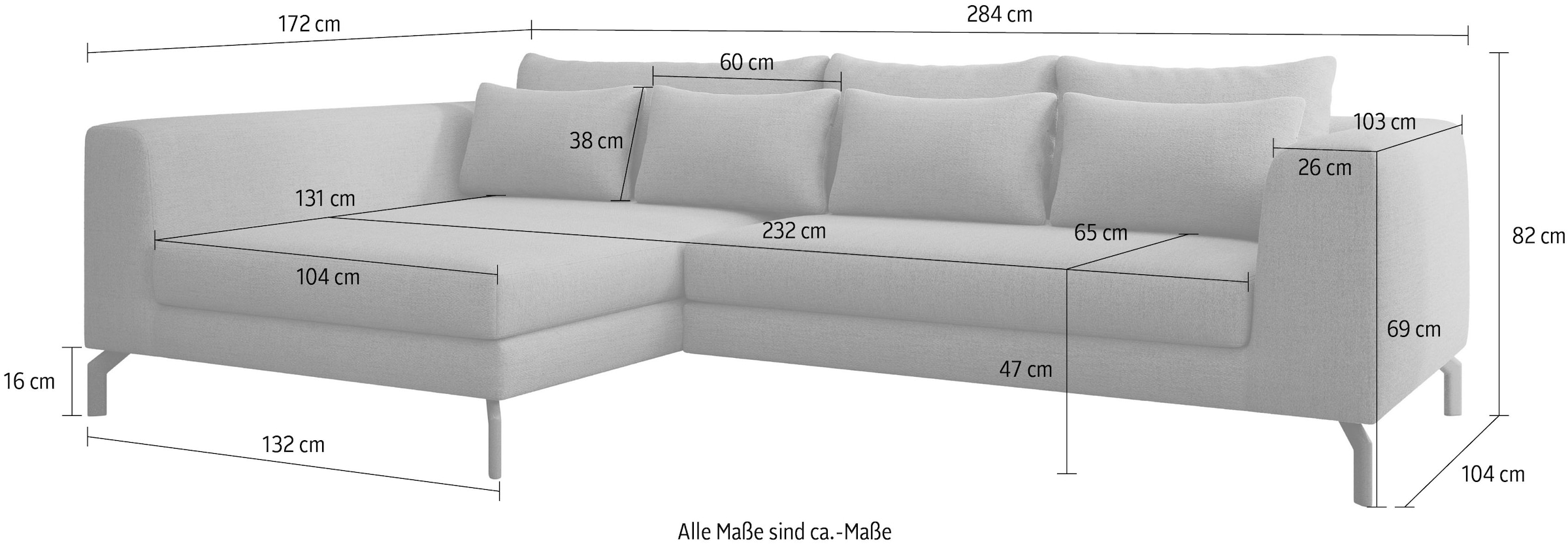 INOSIGN Ecksofa »Cross, mit softem Sitz, L-Form, wendbare Zierkissen, Breite 284 cm«, Couch mit vielen Kissen, stylische Kreuznaht, elegante Metallfüße