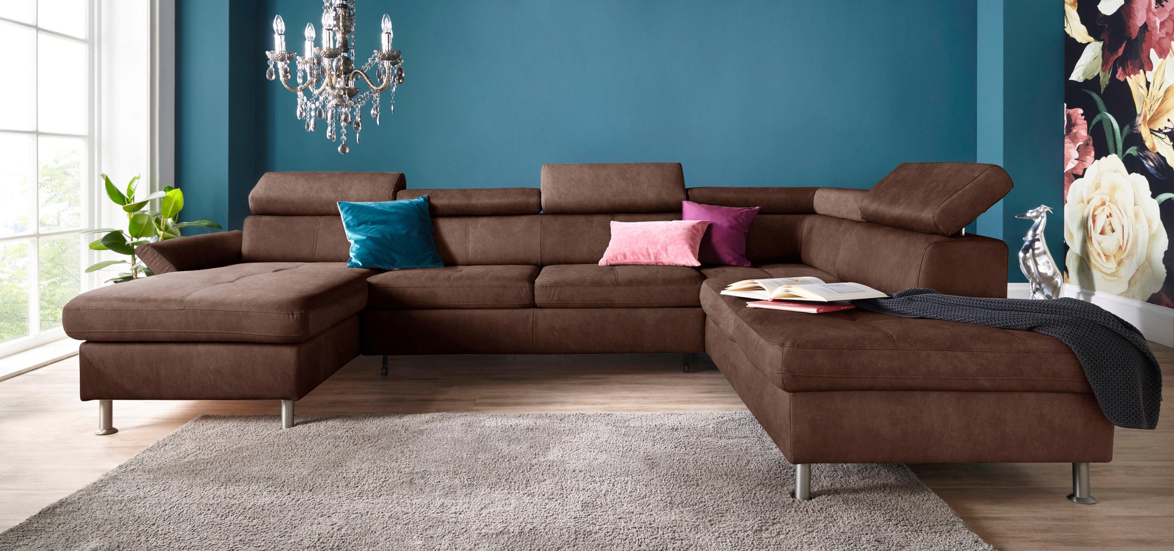exxpo - sofa fashion Wohnlandschaft "Maretto, bequem und komfortabel, viel Platz, Breite 330cm, U-Form" inkl. Kopfteilverstellung für mehr Sitzkomfort, wahlweise Bettfunktion