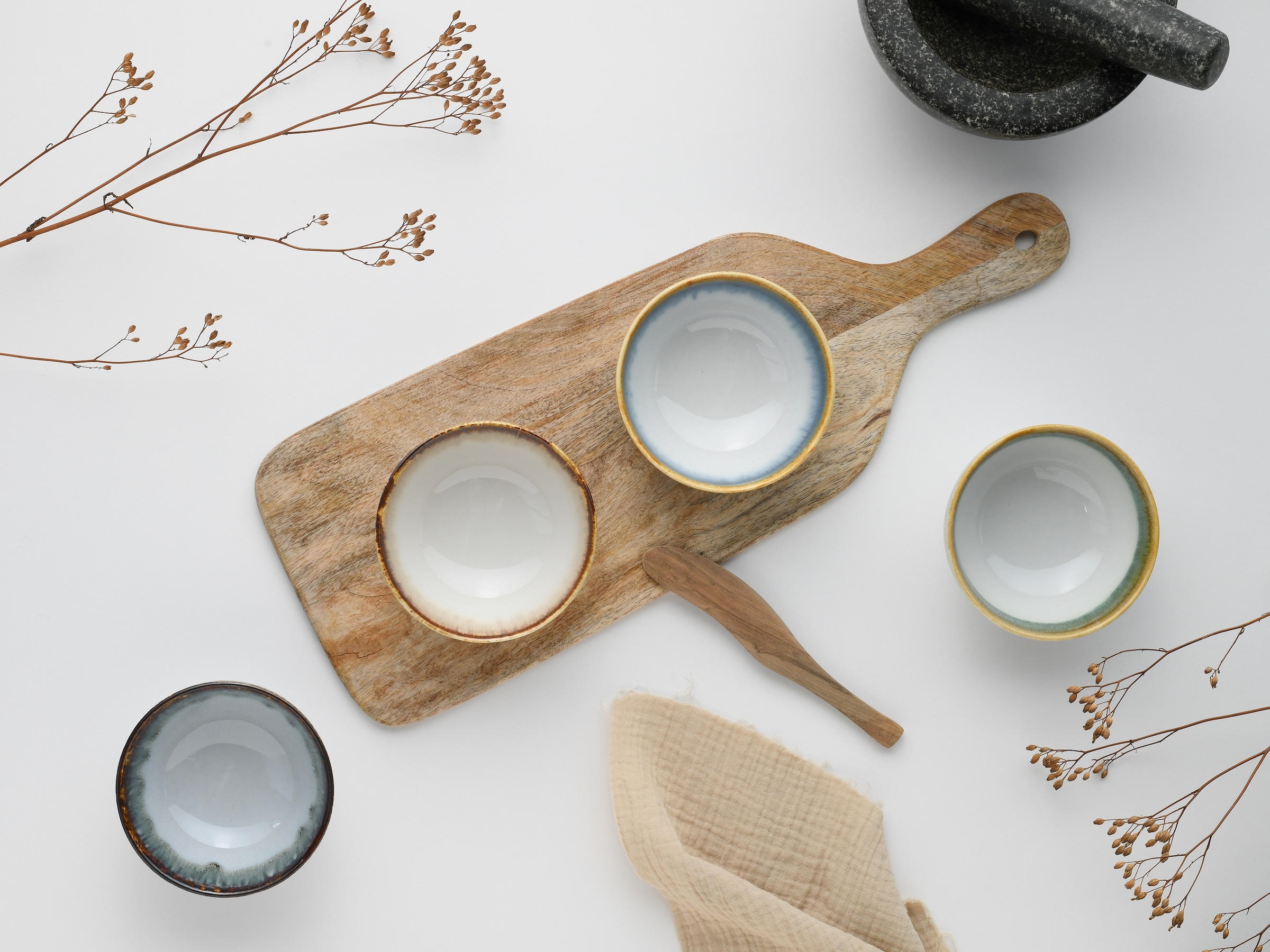 CreaTable Dipschale »Cascade, Schale 4-tlg«, 4 tlg., aus Steinzeug, Rekativglasur, Healthy Food