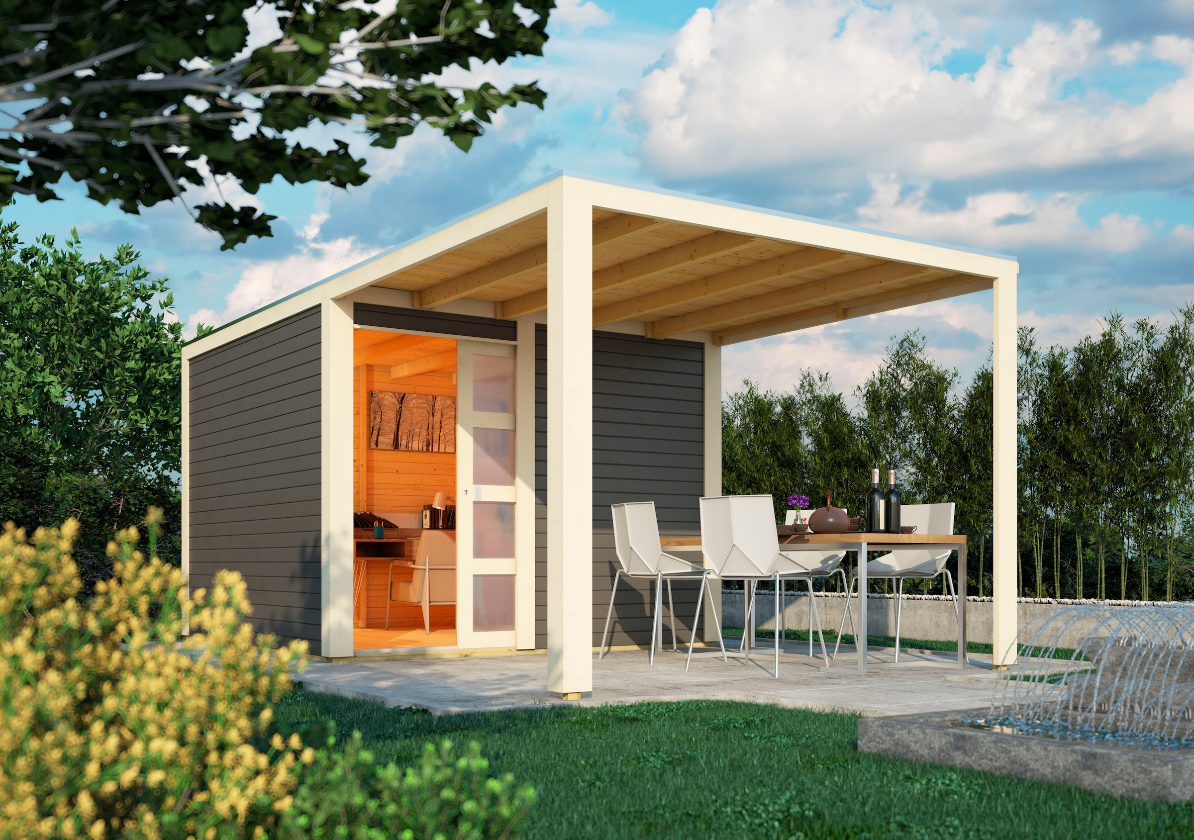 Karibu Gartenhaus "Quellsee 2" mit Anbaudach, naturbelassen oder terragrau günstig online kaufen