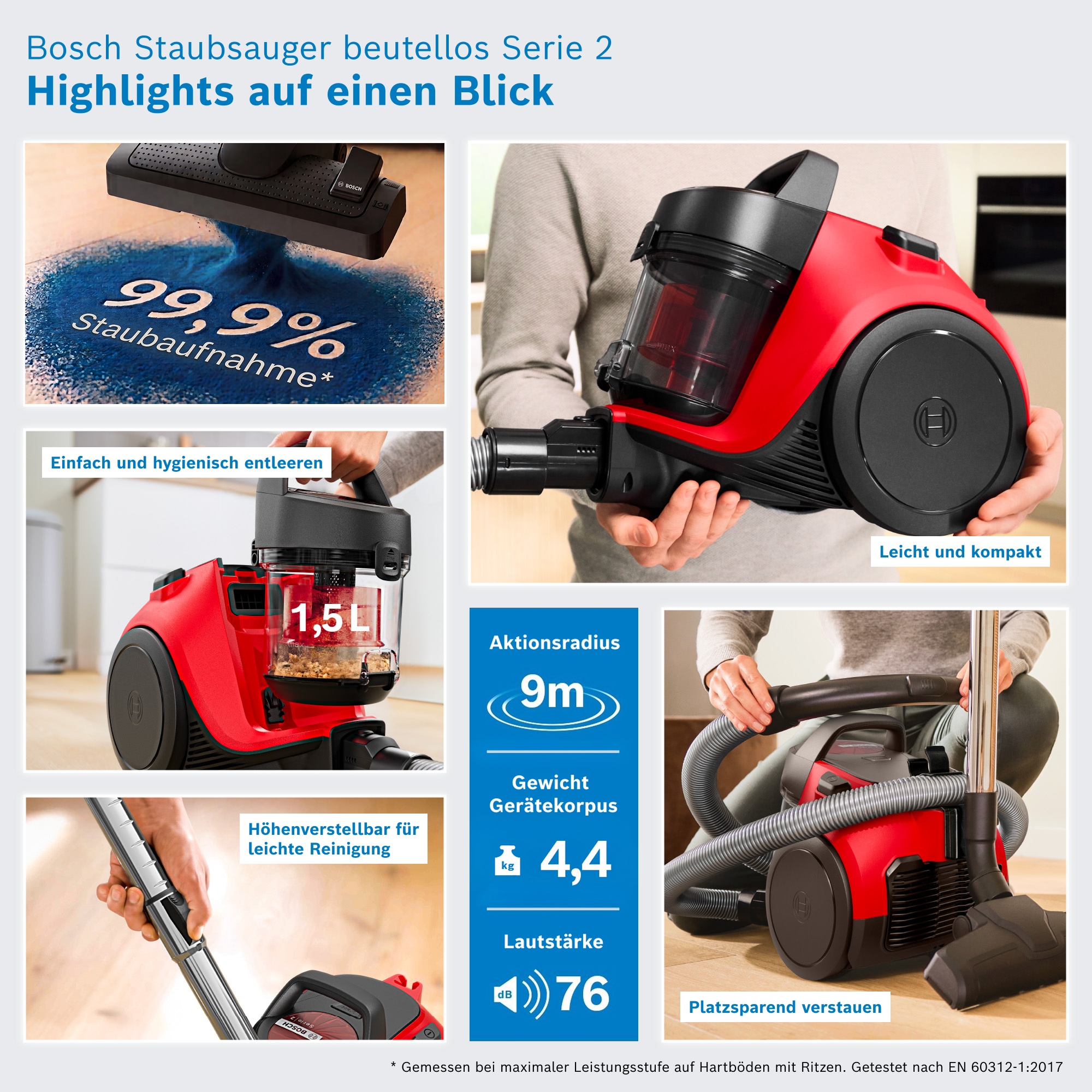 BOSCH Bodenstaubsauger »Serie 2 BGS05LRD2, Hygiene-Filter, kompakt, platzsparend, leicht« 700 W beutellos hohe Saugkraft, 2in1 Möbel- und Fugendüse, Polsterdüse, 700 W, rot