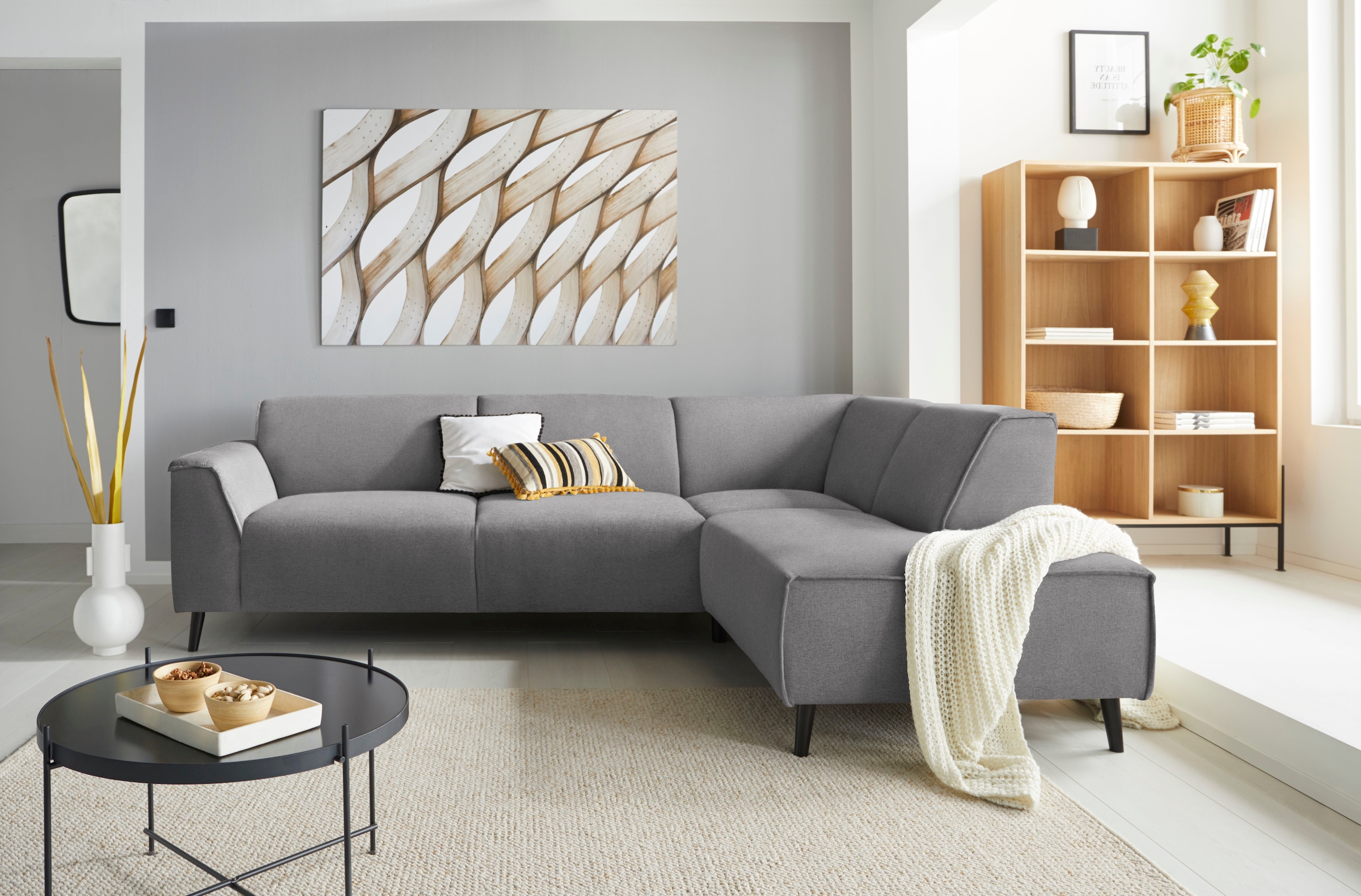 DOMO collection Ecksofa "Amora, bequem und zeitlos, L-Form" mit Federkern, Fußhöhe passend für gängige Saugroboter