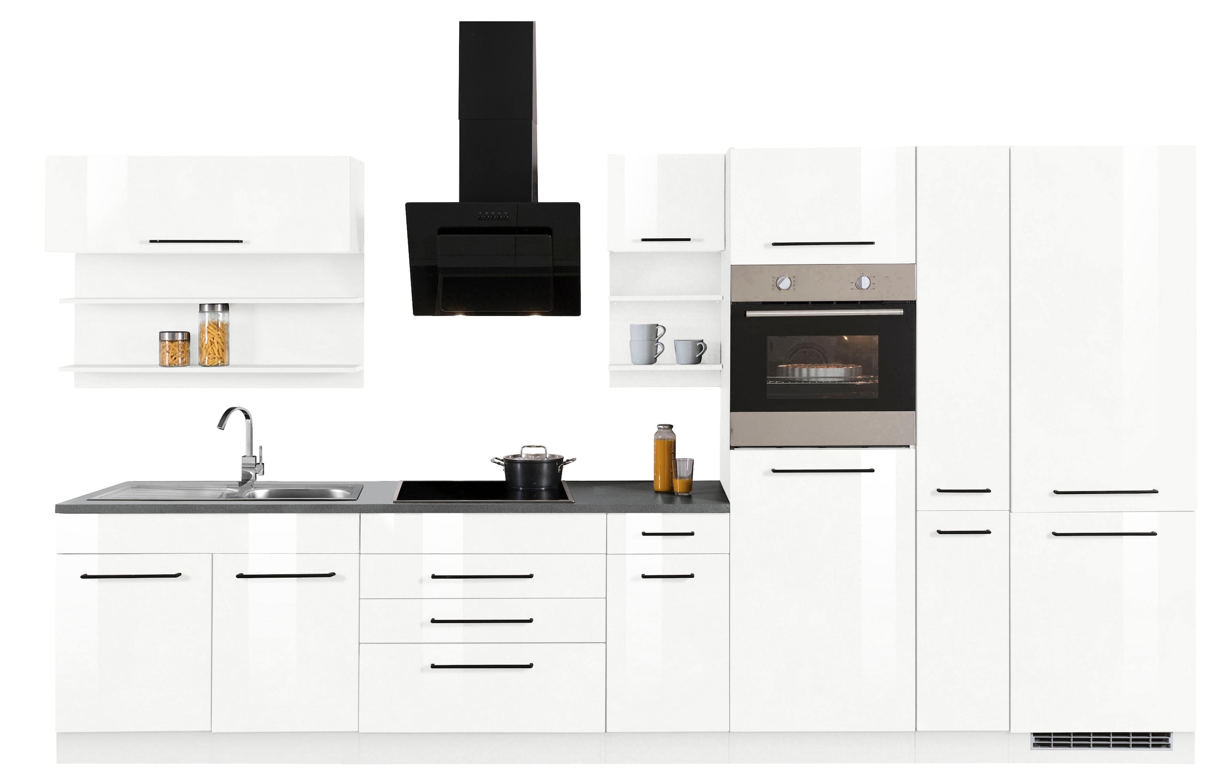 KOCHSTATION Küchenzeile »KS-Tulsa«, ohne E-Geräte, Breite 380 cm, schwarze Metallgriffe, MDF Fronten