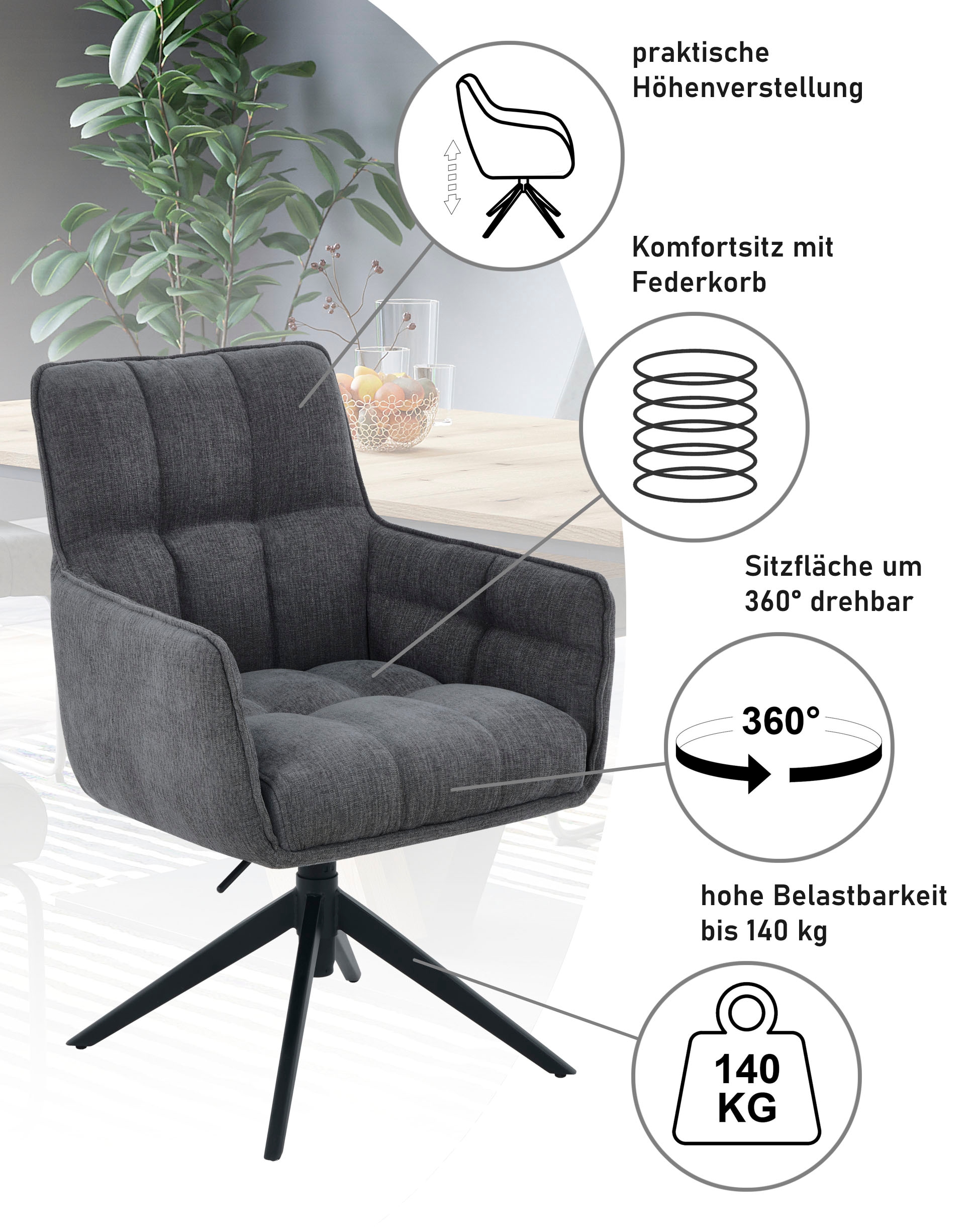 HELA Drehstuhl »POMBA« () 1 Stk.360° drehbar, höhenverstellbar, Federkorb, Armlehnen, 140kg belastbar