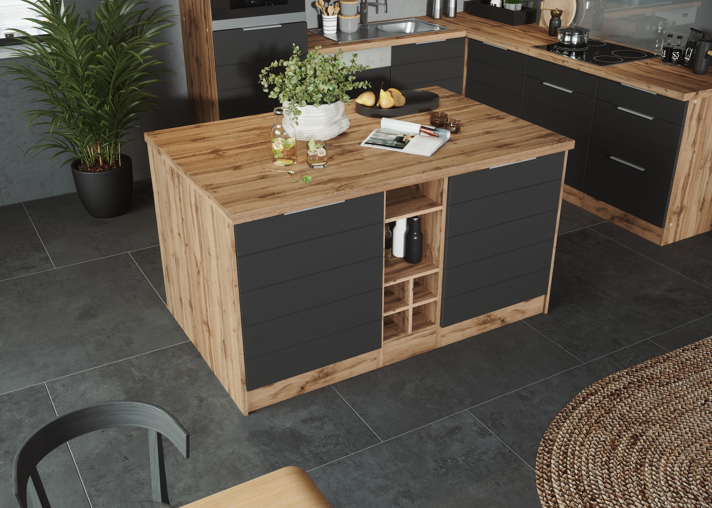 KOCHSTATION Kücheninsel »KS-Luhe, Breite 153 cm, mit Flaschenregal«, MDF-Fronten, Arbeitsplatte 38mm stark