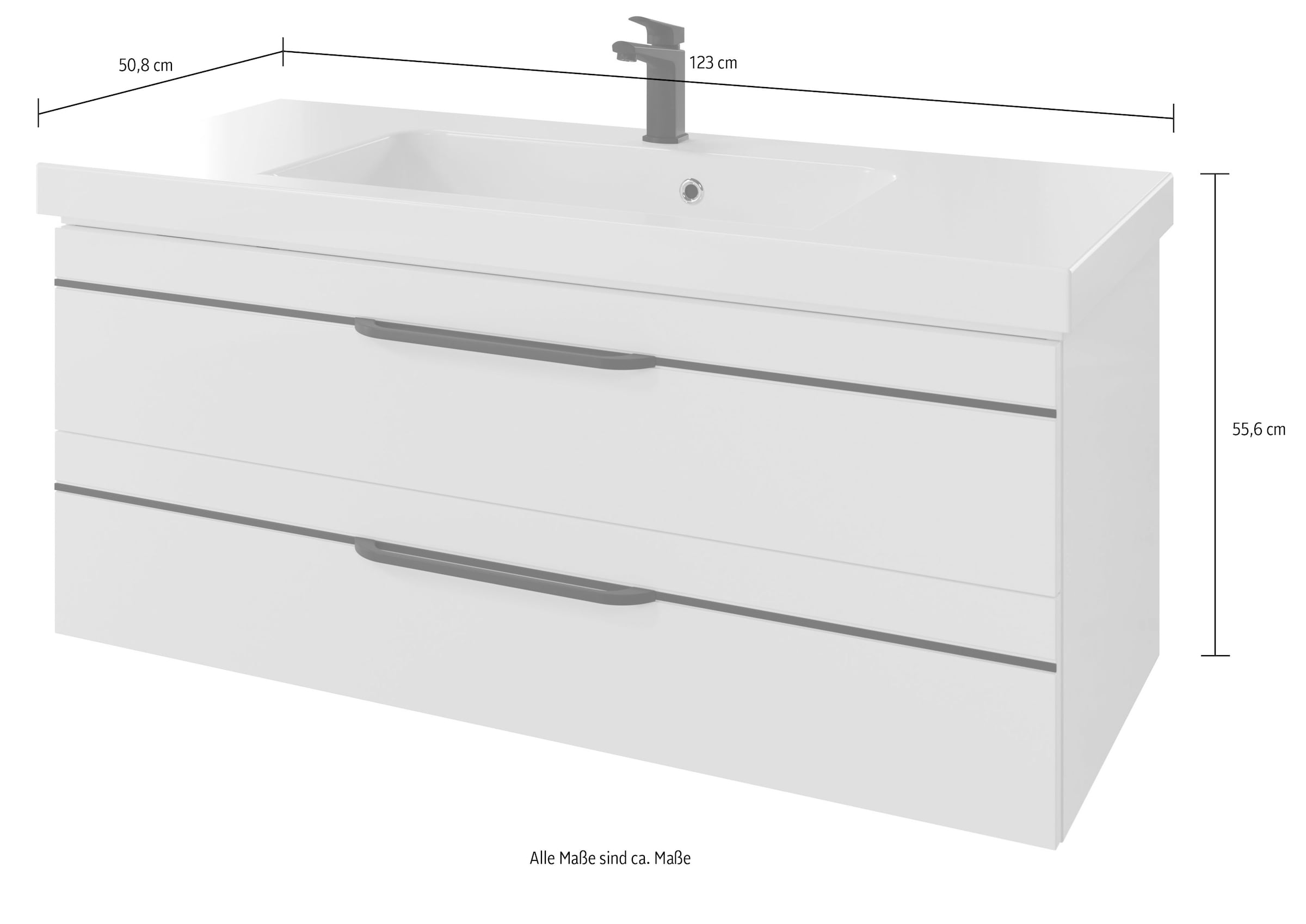 Saphir Badmöbel-Set »Balto 2-teilig Mineralmarmor-Waschtisch mit LED-Spiegel, 123 cm breit«, (2 St.), Waschplatz mit 2 Schubladen, Badschrank inkl. Schubladendämpfer