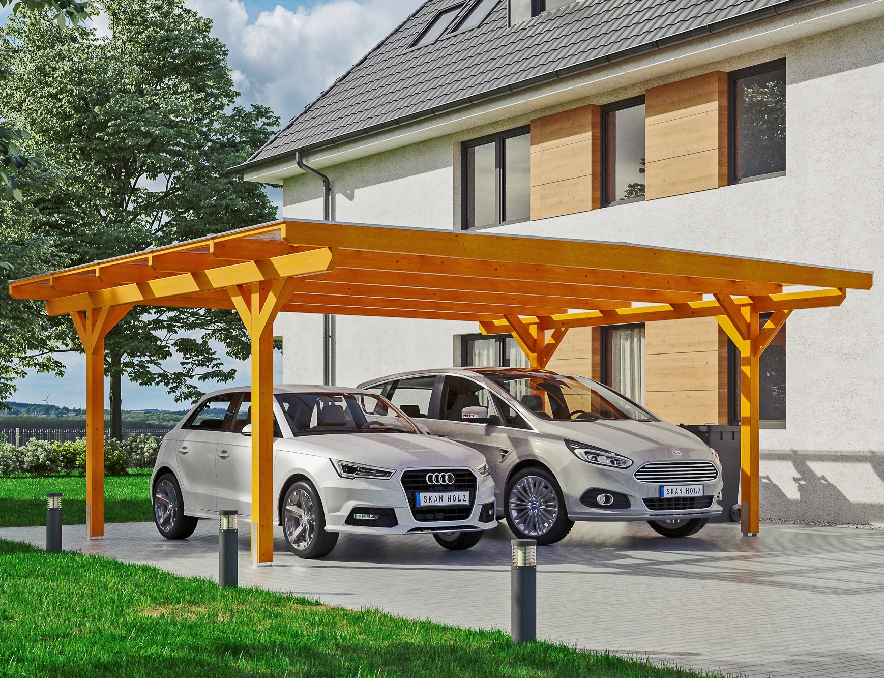 Skanholz Doppelcarport "Odenwald", Leimholz-Nordisches Fichtenholz, 546 cm, hellbraun