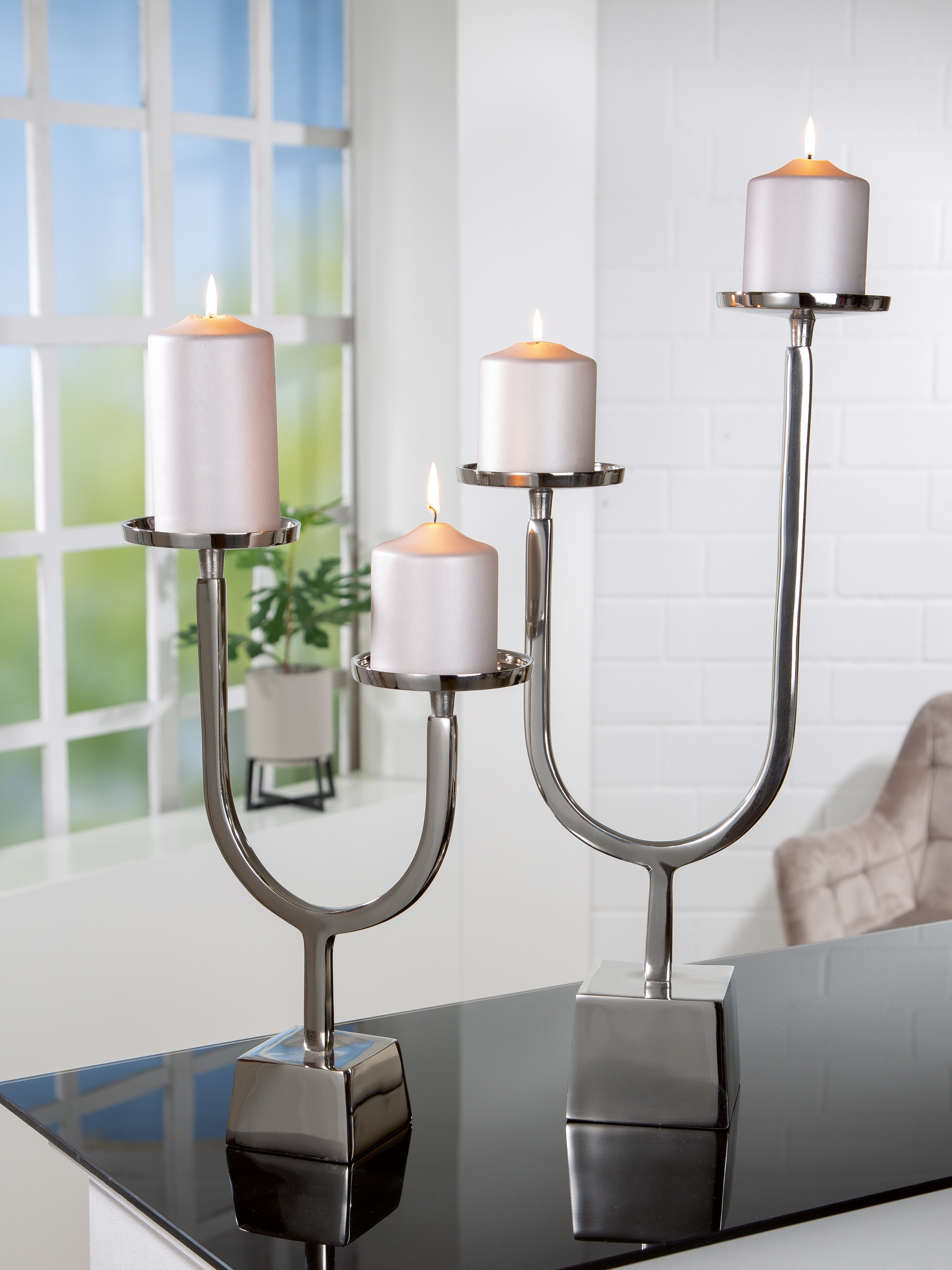 GILDE Kerzenständer »Kerzenleuchter Nello, Höhe ca. 55 cm«, (1 St.), 2-flammig, Stumpenkerzenhalter aus Aluminium