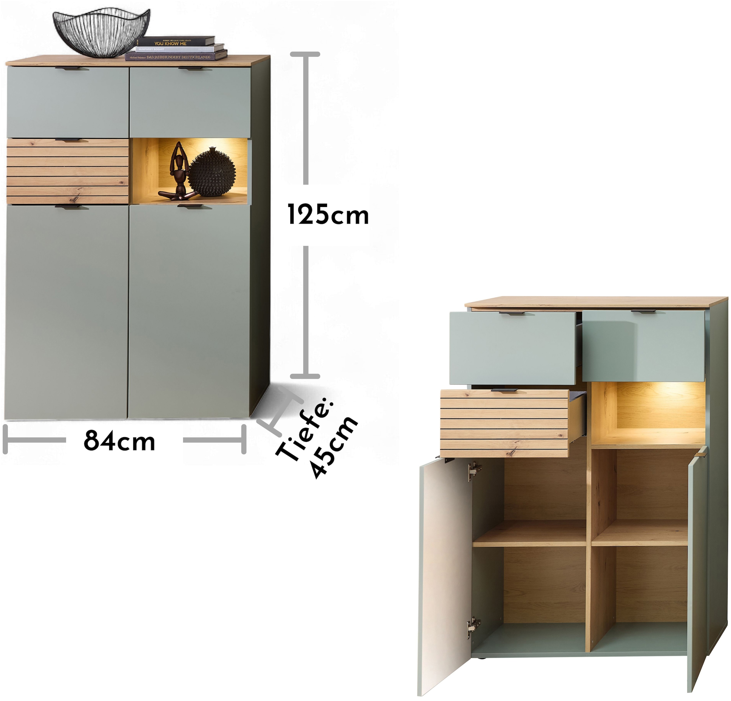 Innostyle Highboard »INA Highboard,  84 x 125 x 45 cm (B/H/T)« 1 Stk. tlg. 2 türig, 3 Schubladen, inkl. Beleuchtung, Softclose