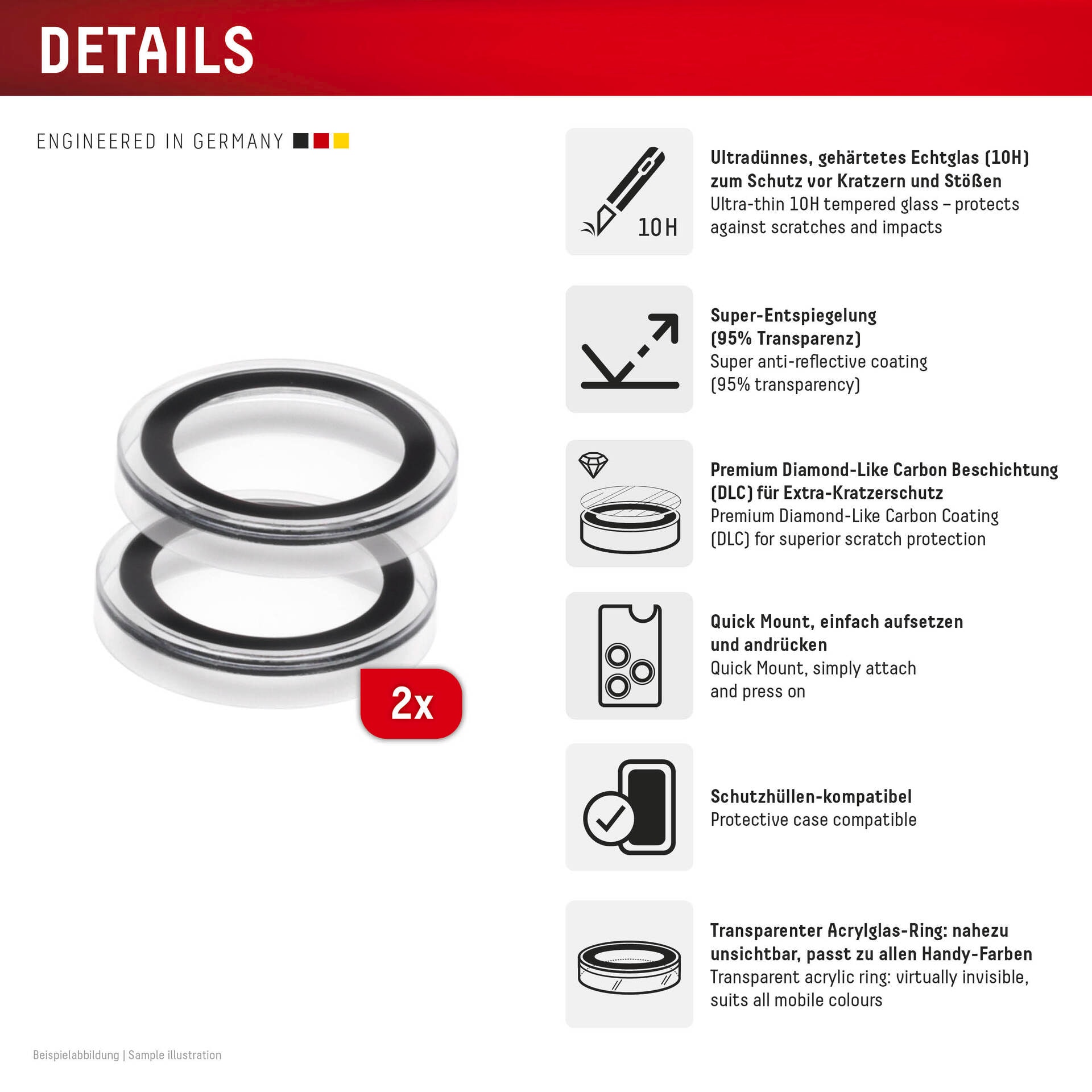 Displex Kameraschutzglas »Camera Lens Glass Single Glass Ring Protector«, für Apple iPhone 16e, (Packung, 2x Einzellinsen-Schutzringe), Objektivschutz, Kameraschutz, kratz- & stoßfest