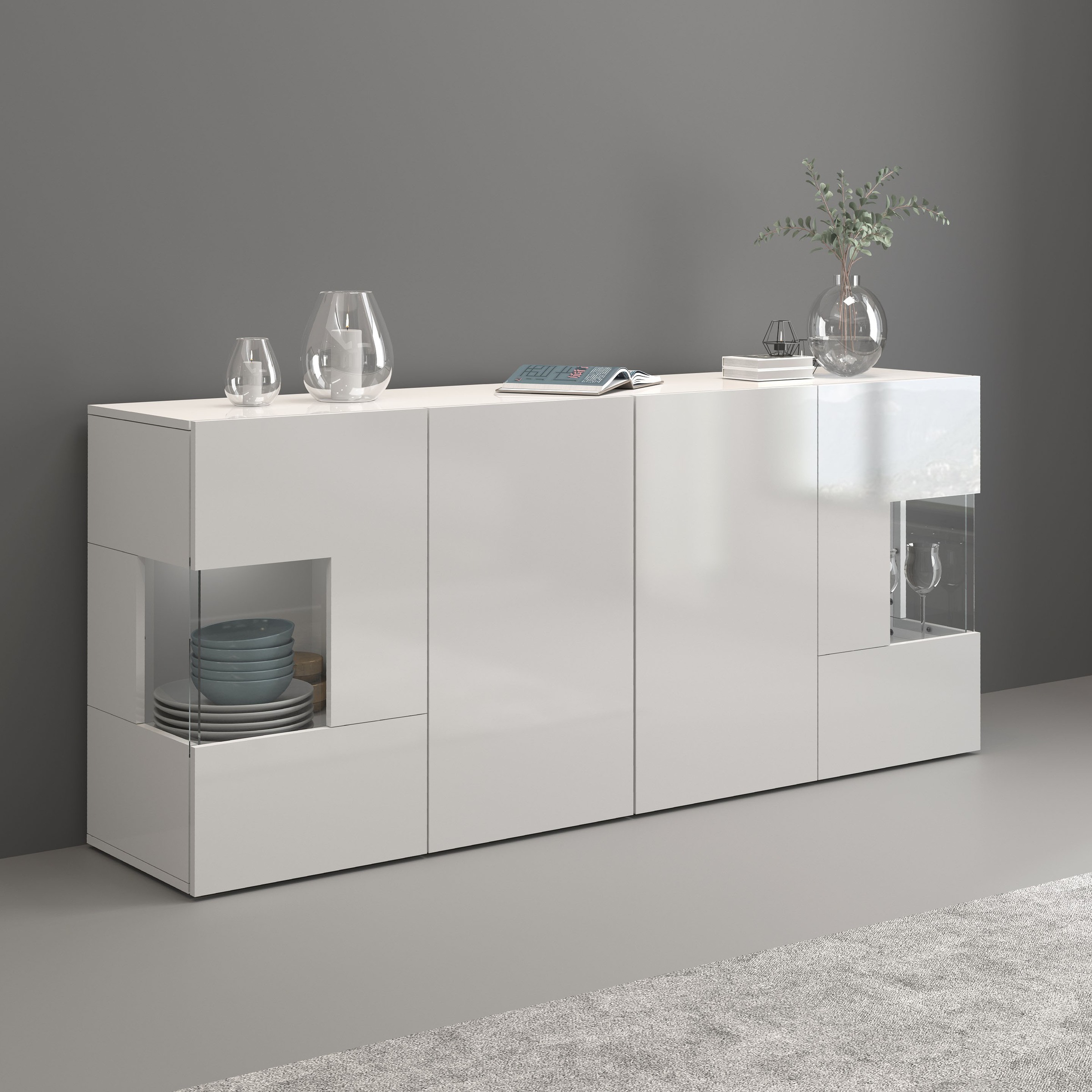 INOSIGN Sideboard »Egypt, Kommode, Schrank, Kredenz, Vitrine grifflos«, 4 Türen davon 2 mit Glaseinsatz, kompl. Hochglanz lackiert, Breite 180