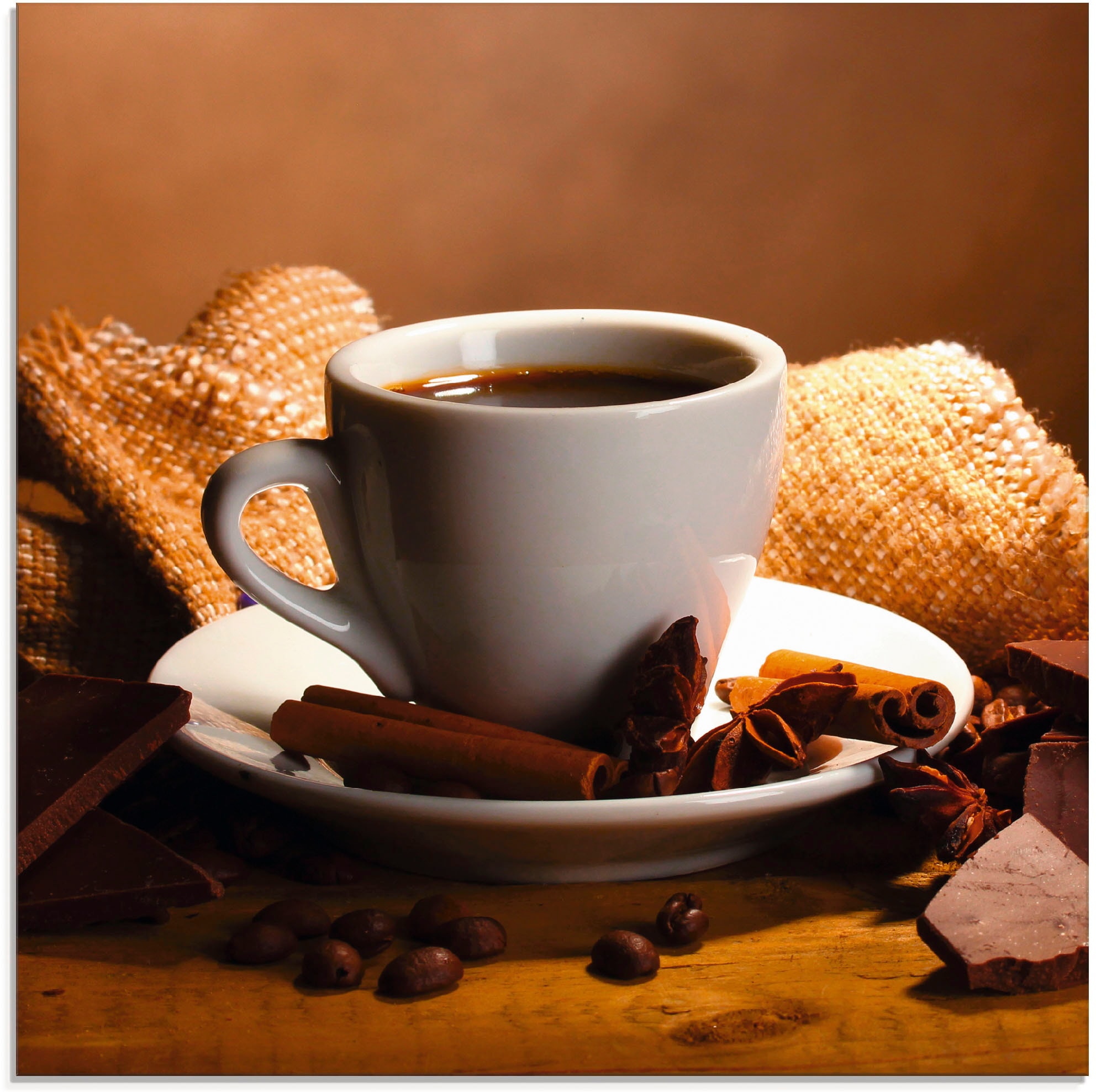 Artland Glasbild "Kaffeetasse Zimtstange Nüsse Schokolade", Getränke, (1 St.), in verschiedenen Größen