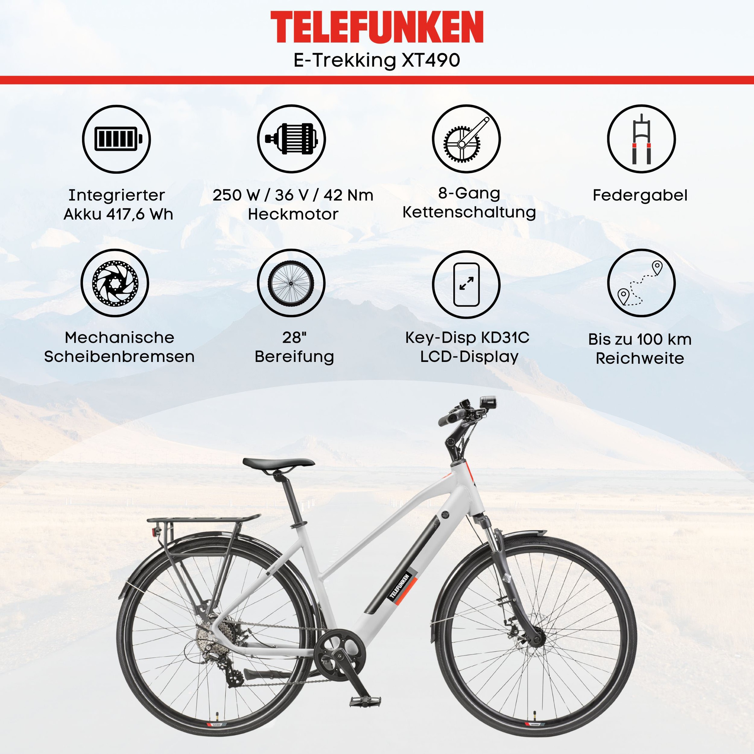 Telefunken E-Bike »E-Trekking Expedition XT490 Damen«, 8 Gang, Shimano, Altus, Heckmotor 250 W, Pedelec, Elektrofahrrad, Damen, innerhalb StVZO, 28 Zoll