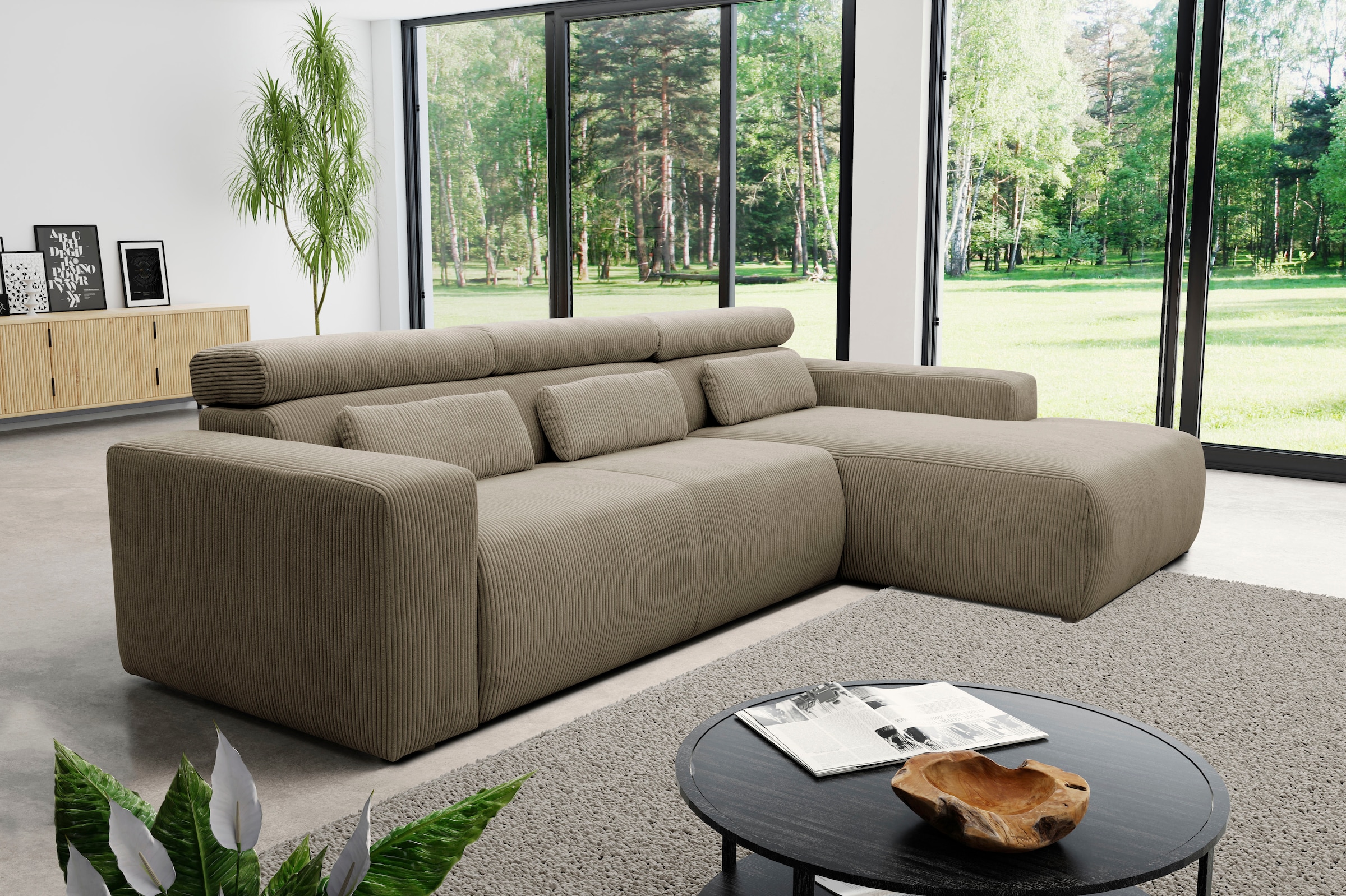 DOMO collection Ecksofa "BRANDON 289x177x80 cm, whlw. mit Sitztiefenverstellung, L-Form" ohne Sitztiefenverstellung, Cord, schlamm