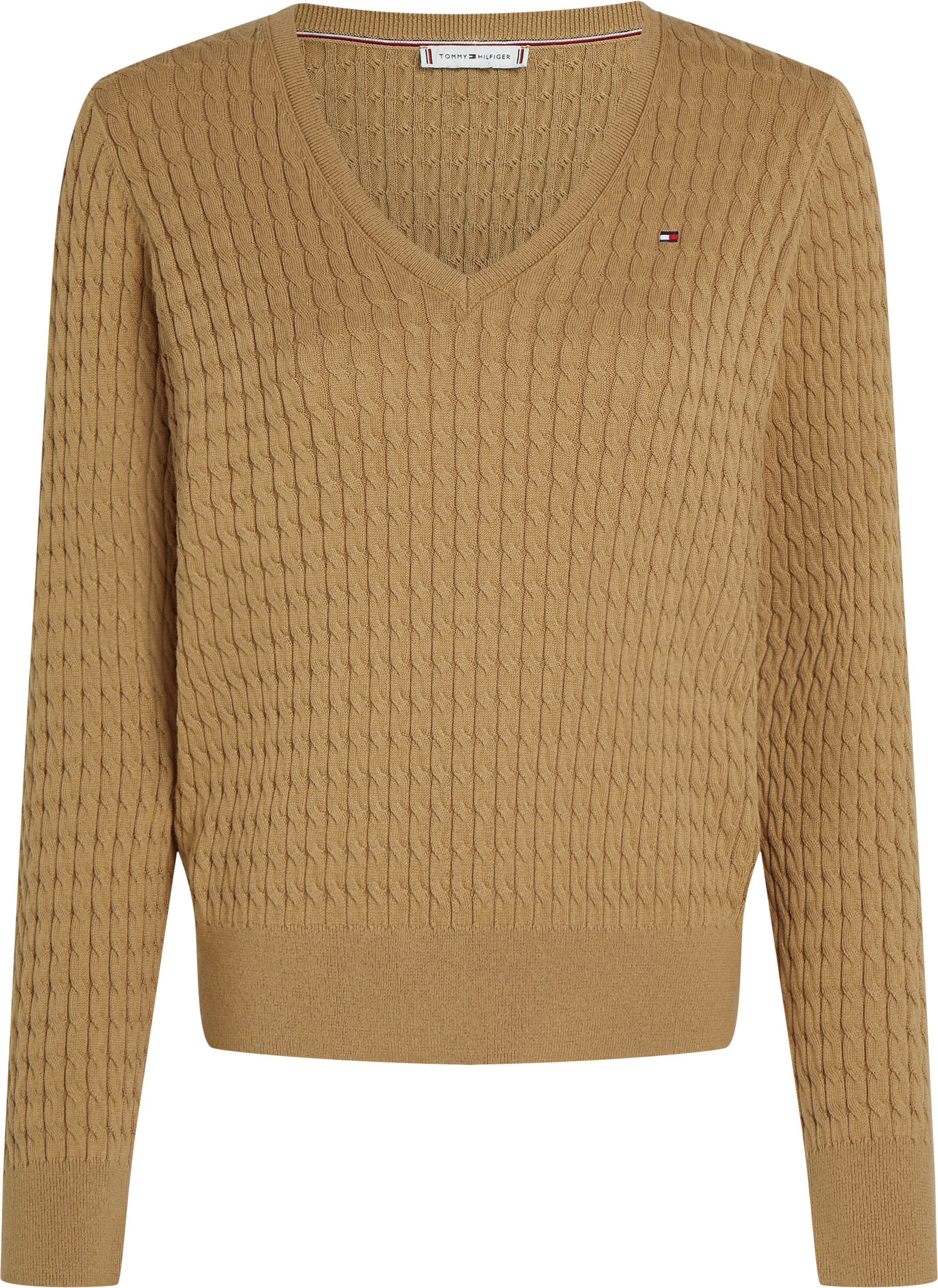 Tommy Hilfiger V-Ausschnitt-Pullover »CO CABLE V-NK LS SWT«, mit Zopfmuster, Logostickerei