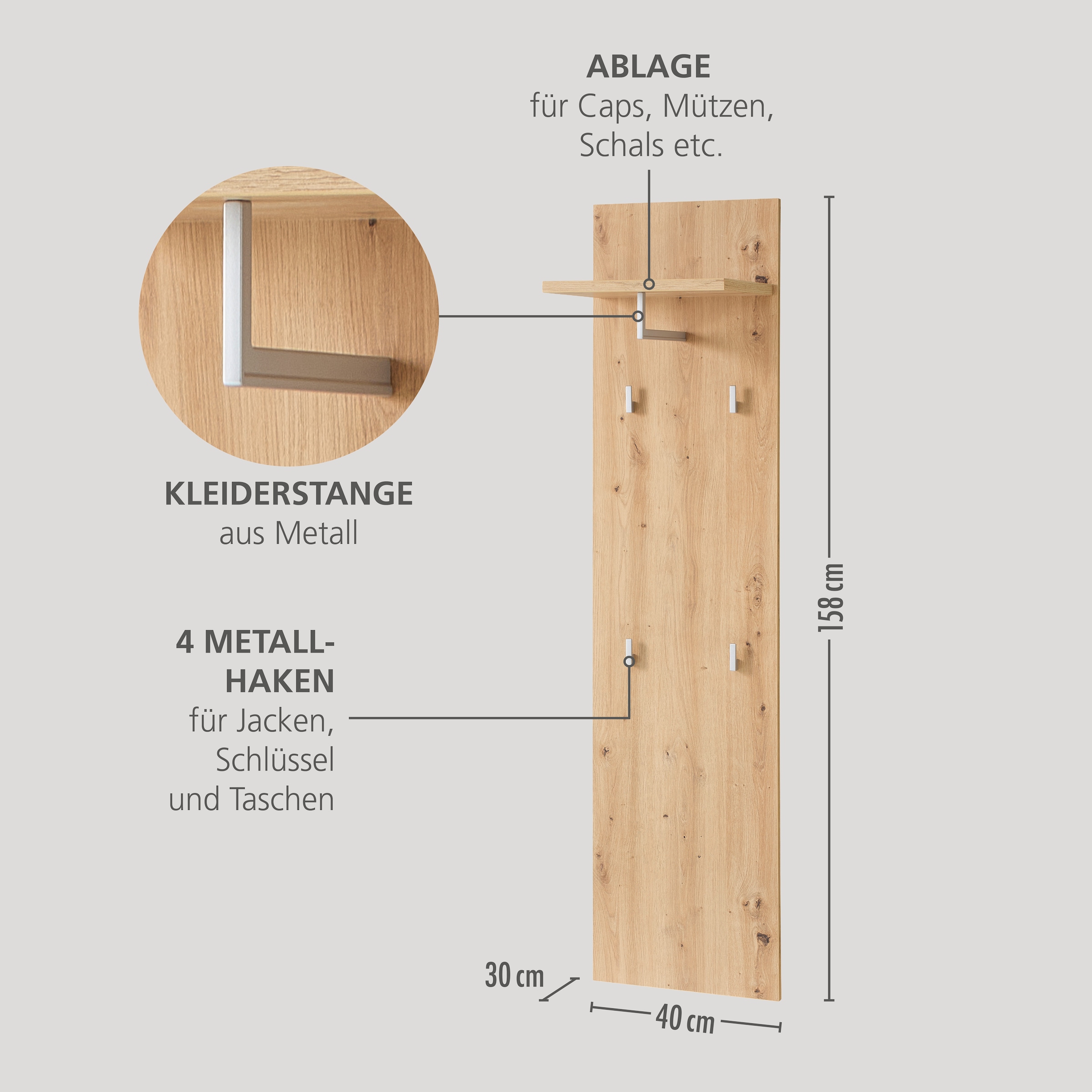 Innostyle Garderobenpaneel »BARI Graderobenpaneel, BxHxT 78x117x30 cm«, (1 St.), 3 Ablageboden, 1 Kleiderstange, 4 Haken