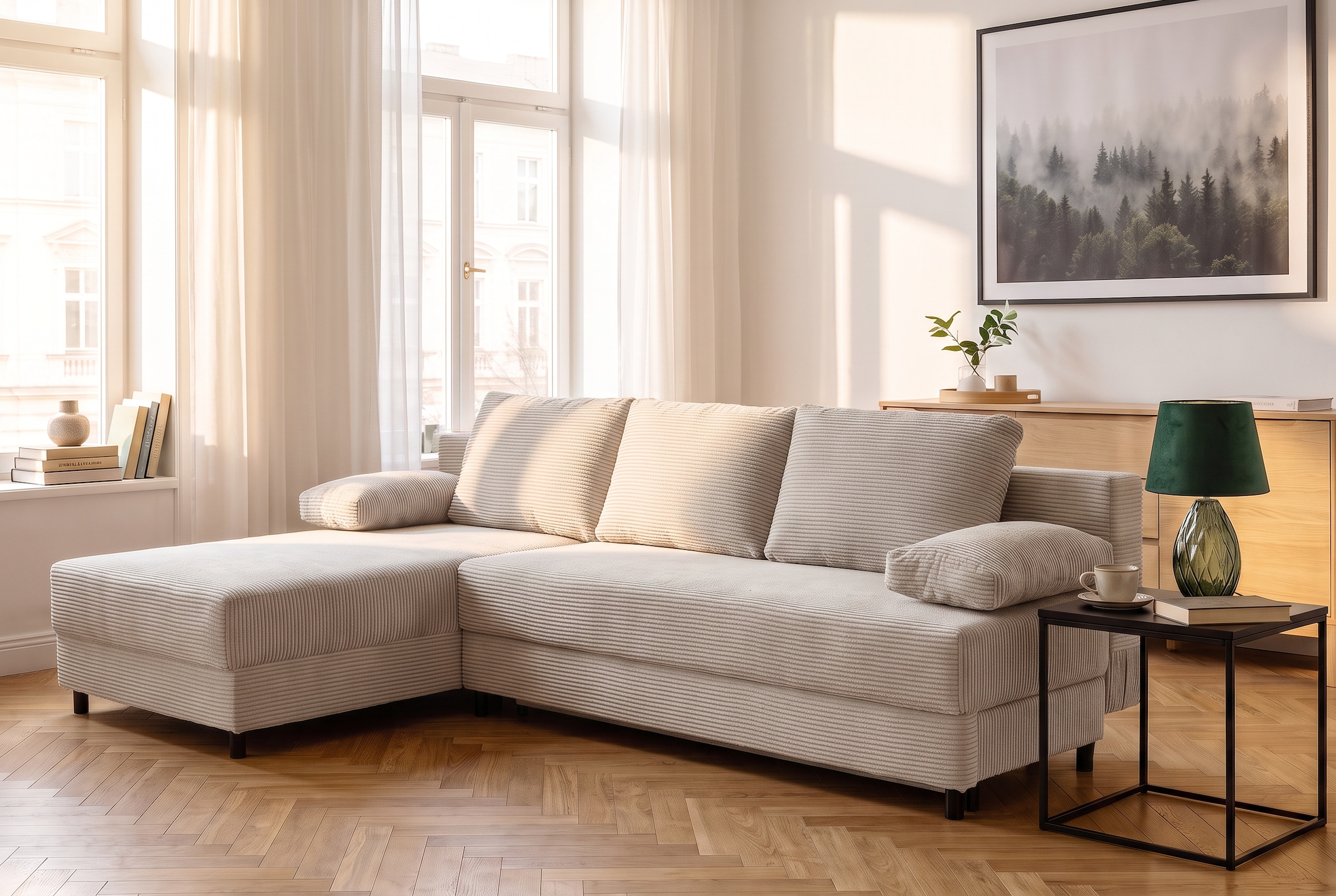 OTTO home Schlafsofa »ONNIKO Ecksofa L-Form Cord, Breite: 240 cm, softer Cord-Bezug« mit Bettfunktion & Bettkasten (Liegefläche 120/240 cm)