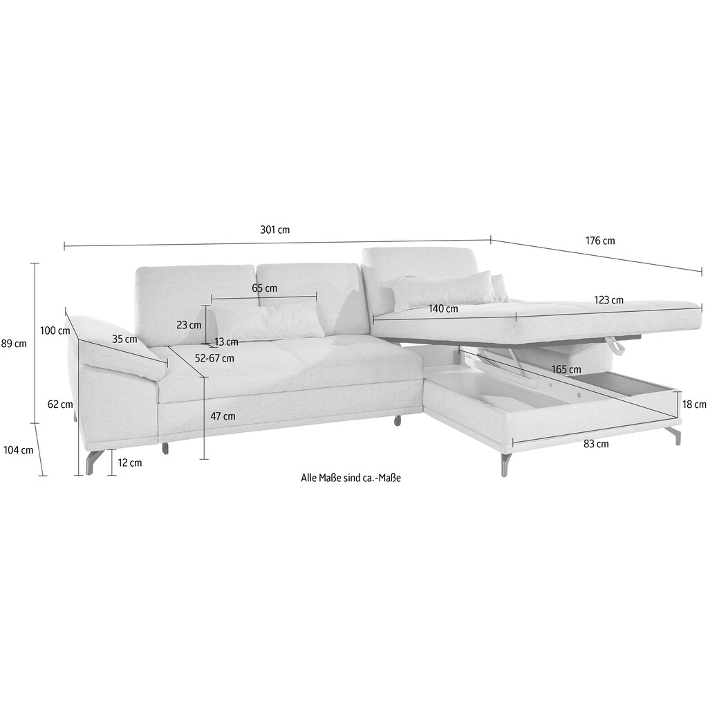 Places of Style Ecksofa Costello, mit Sitztiefenverstellung und Armlehnfunktion, incl. 3 Nierenkissen