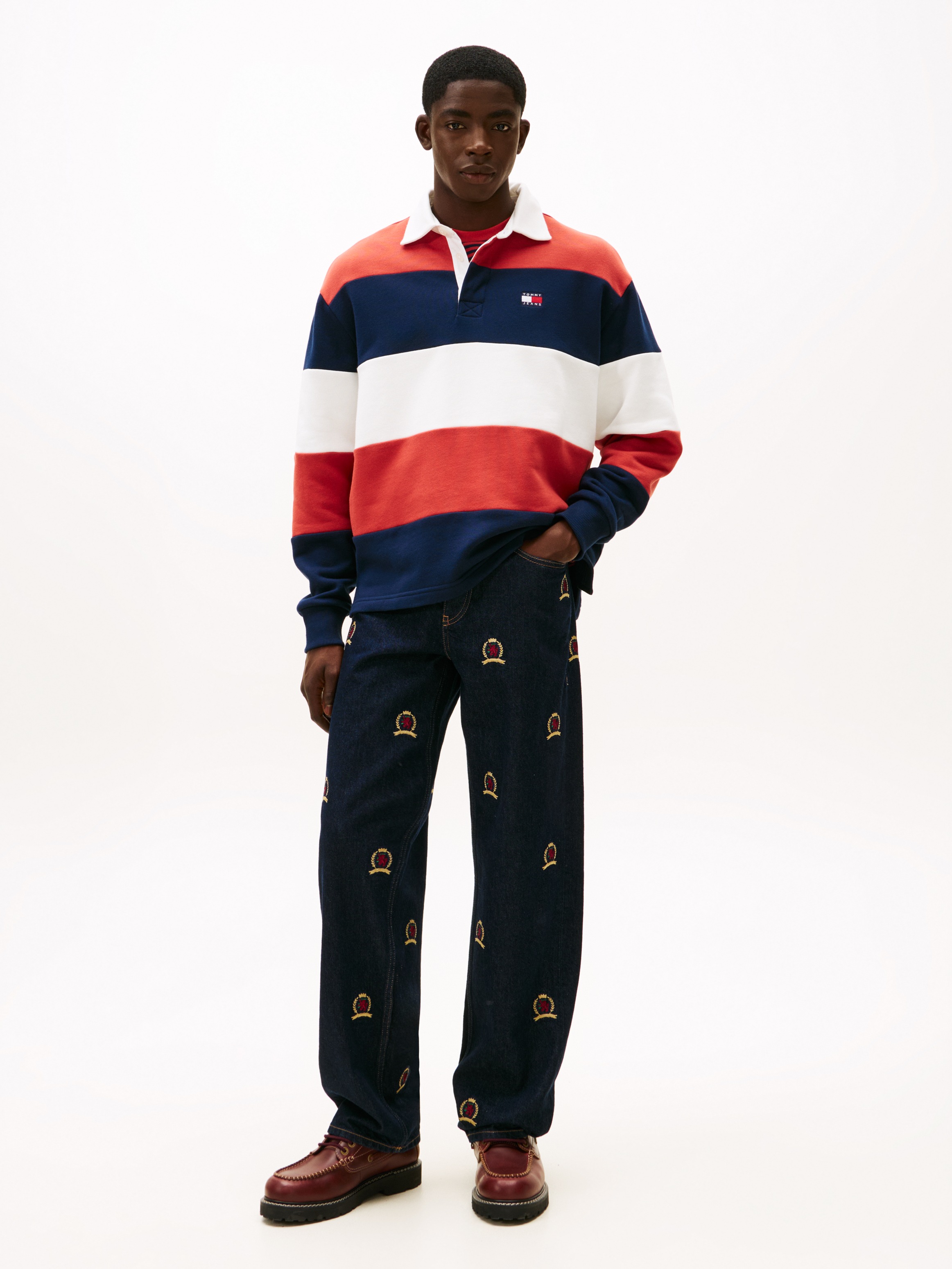 Thumbnail - Tommy Jeans Rugbyshirt "TJM BADGE STRIPE", relaxed fit, gestreift, Rugby-Kragen, verdeckte Knopfleiste