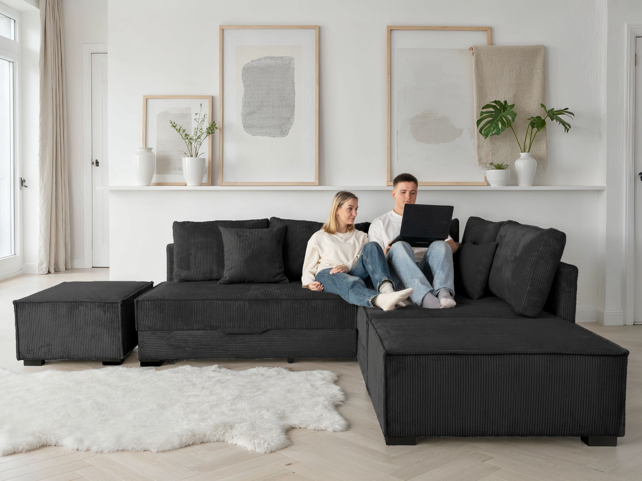 Home affaire "Night & Day L-Form, B: 316 cm mit Dauer-Schlaffunktion 180x200 cm" Set: Sofa & Hocker, Schlaffunktion, Bettkasten & Kissen, Boxspringbett