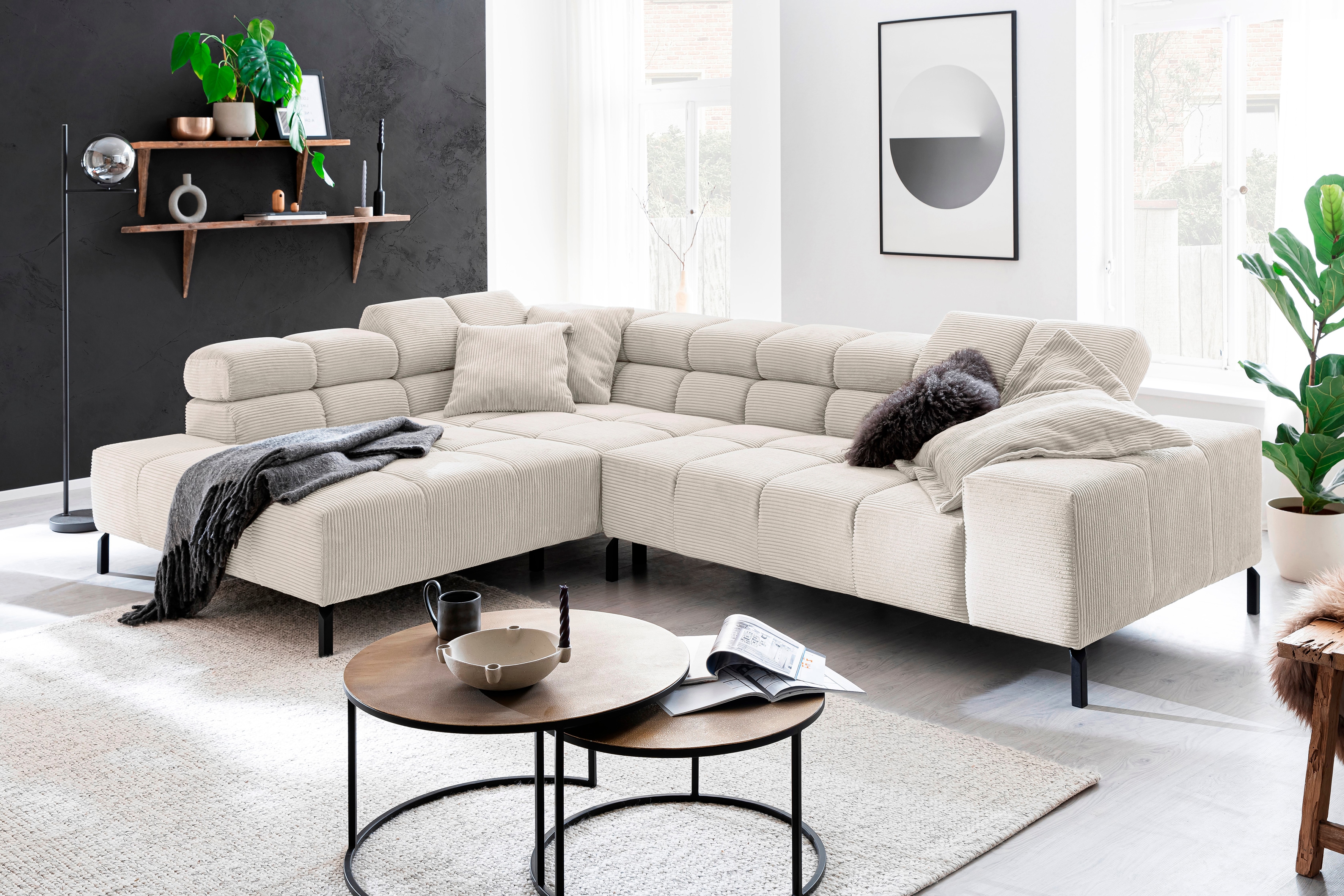 Home affaire Ecksofa "Ancona New, wahlweise motorische Sitztiefenverstellung, auch in Cord" feine Steppung, mit Kopfteilverstellung, 3 Zierkissen, L-Form