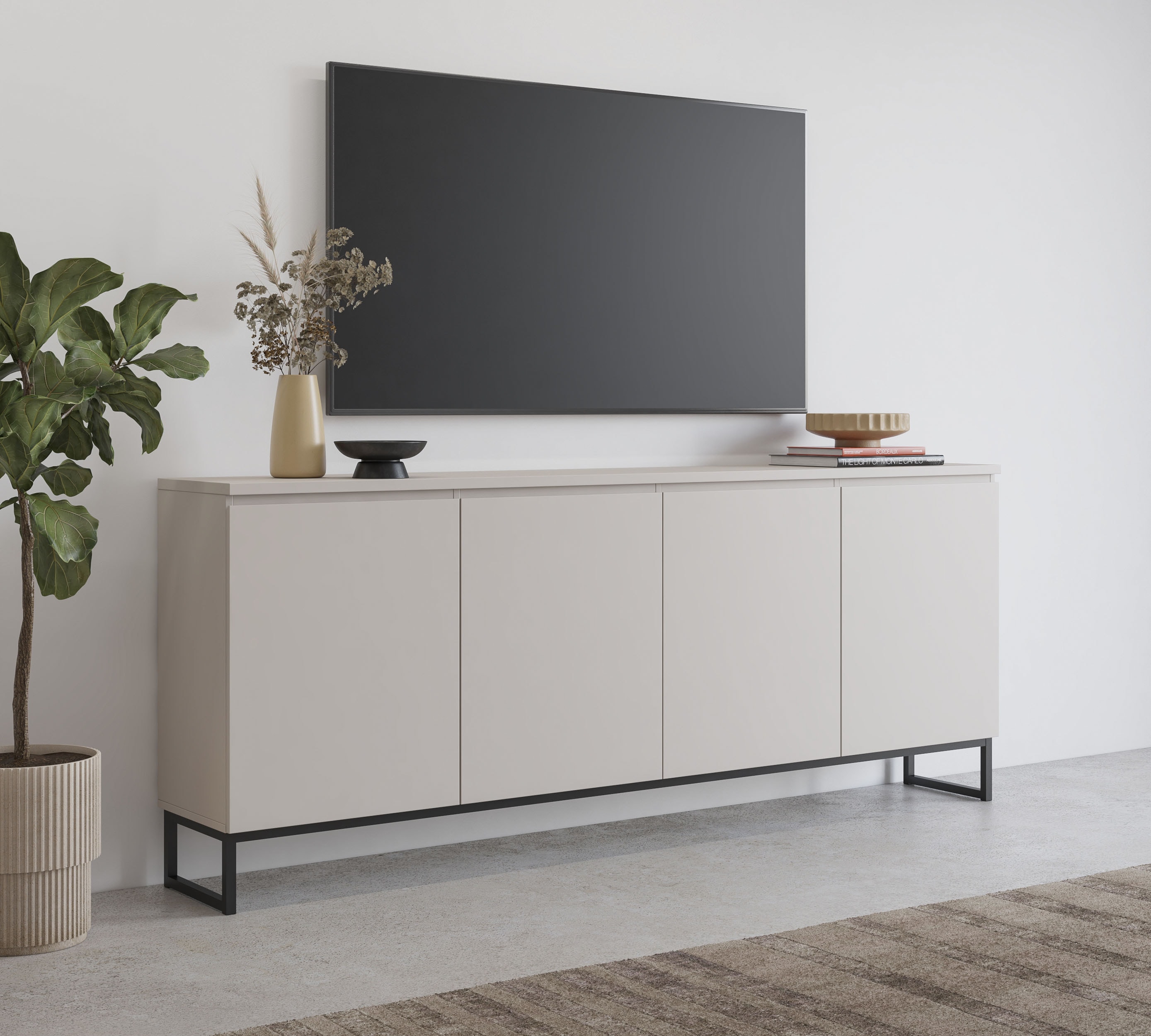 OTTO home Sideboard "Modo II, Breite 200 cm, moderne grifflose Kommode 4Türen" Anrichte mit viel Stauraum, Einlegeböden verstellbar, Metallkufen