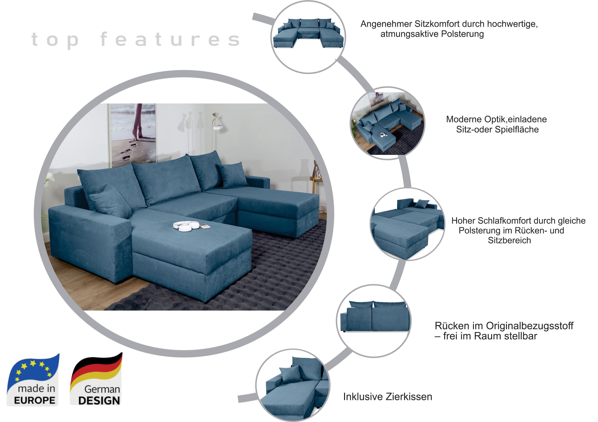 COLLECTION AB Wohnlandschaft »Pico U-Form«, Breite 252, mit Armlehne Schlaffunktion, Bettkasten