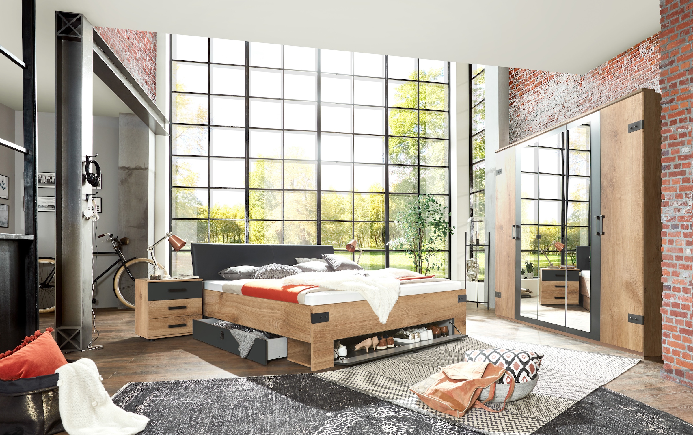 Wimex Kleiderschrank »Stockholm, rustikale Optik im Industrial Design, Made in Germany«, mit Spiegel, 225x58x210 cm, Made in Germany