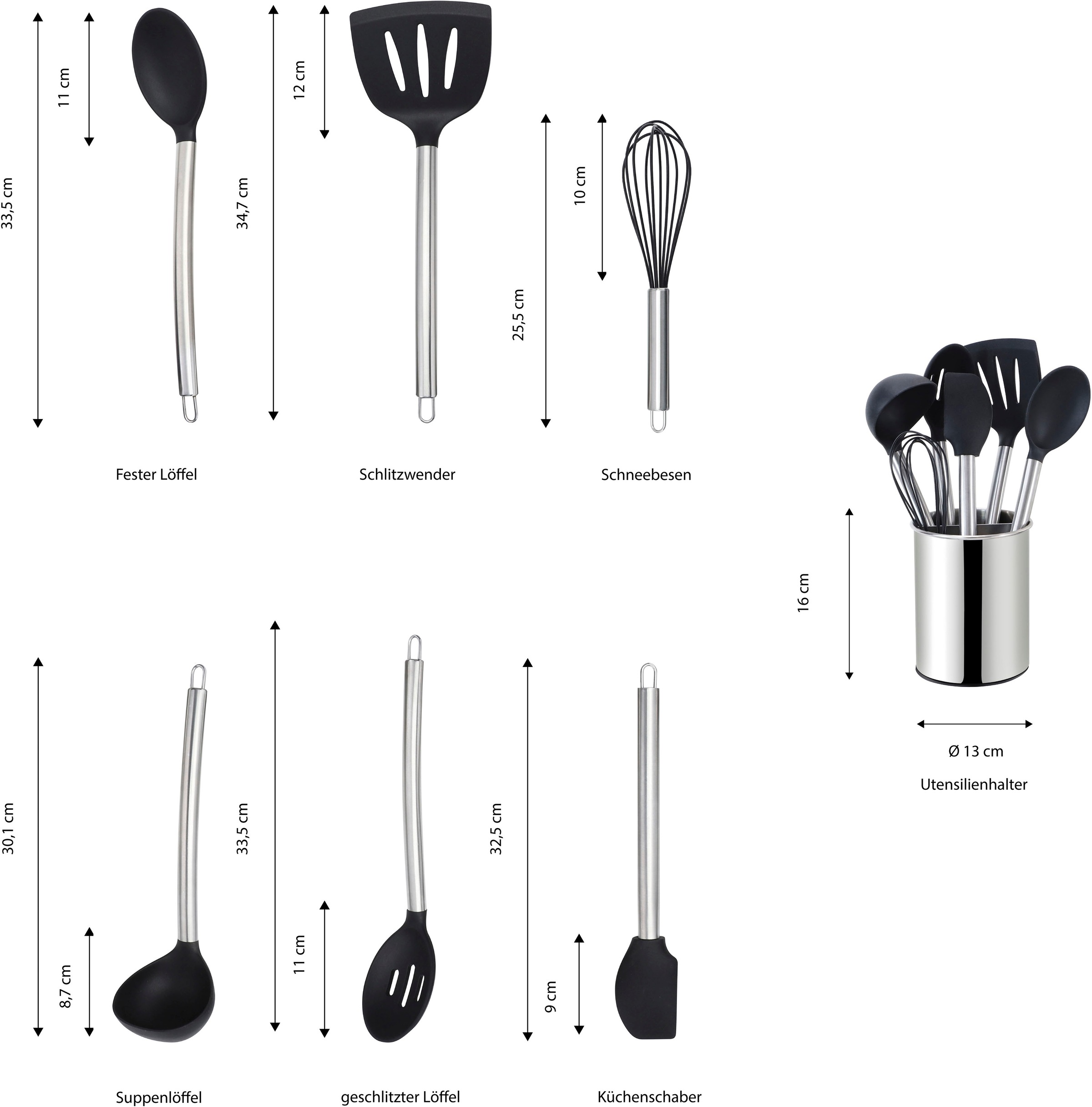 ECHTWERK Küchenorganizer-Set, (Set, 7 tlg.), Kochbesteck mit Edelstahlgriff, Antihaft-Silikon, mit Utensilienhalter