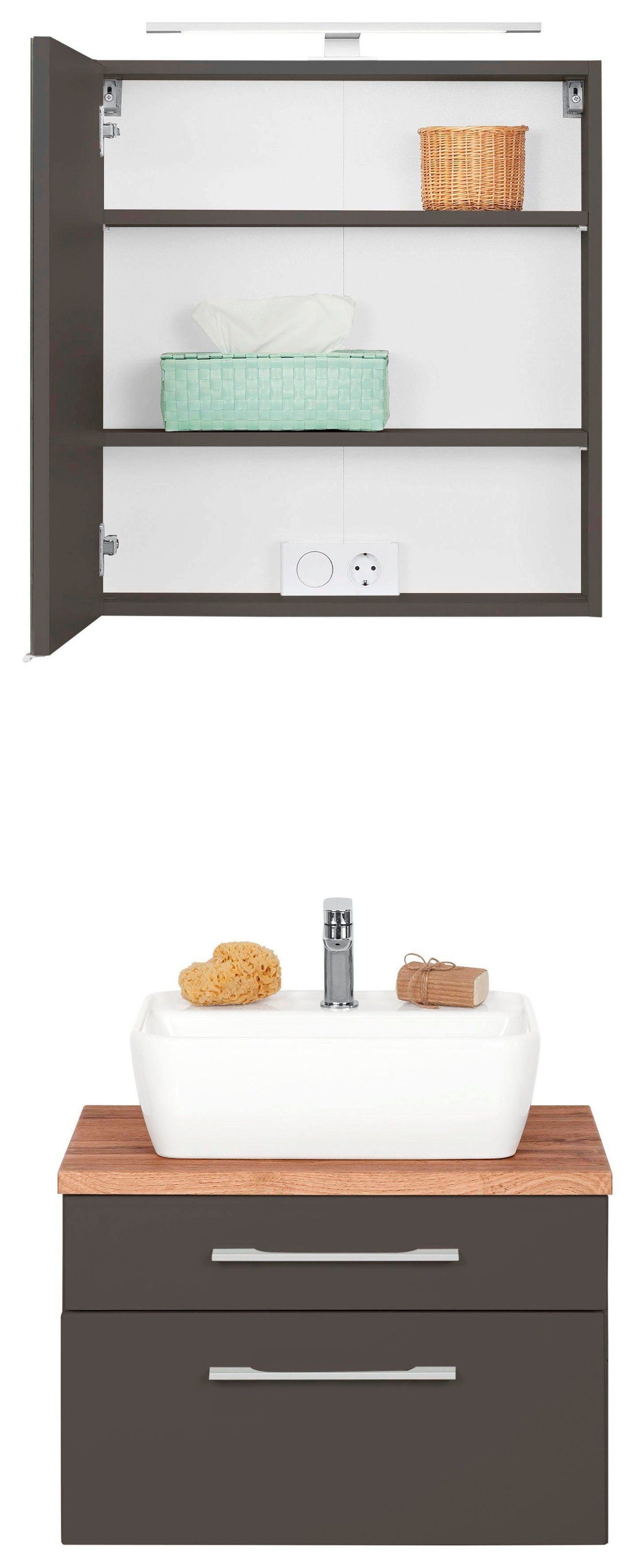 welltime Badmöbel-Set »Davos«, (2 St.), Spiegelschrank Breite 60 cm, mit rechteckigem Waschbecken