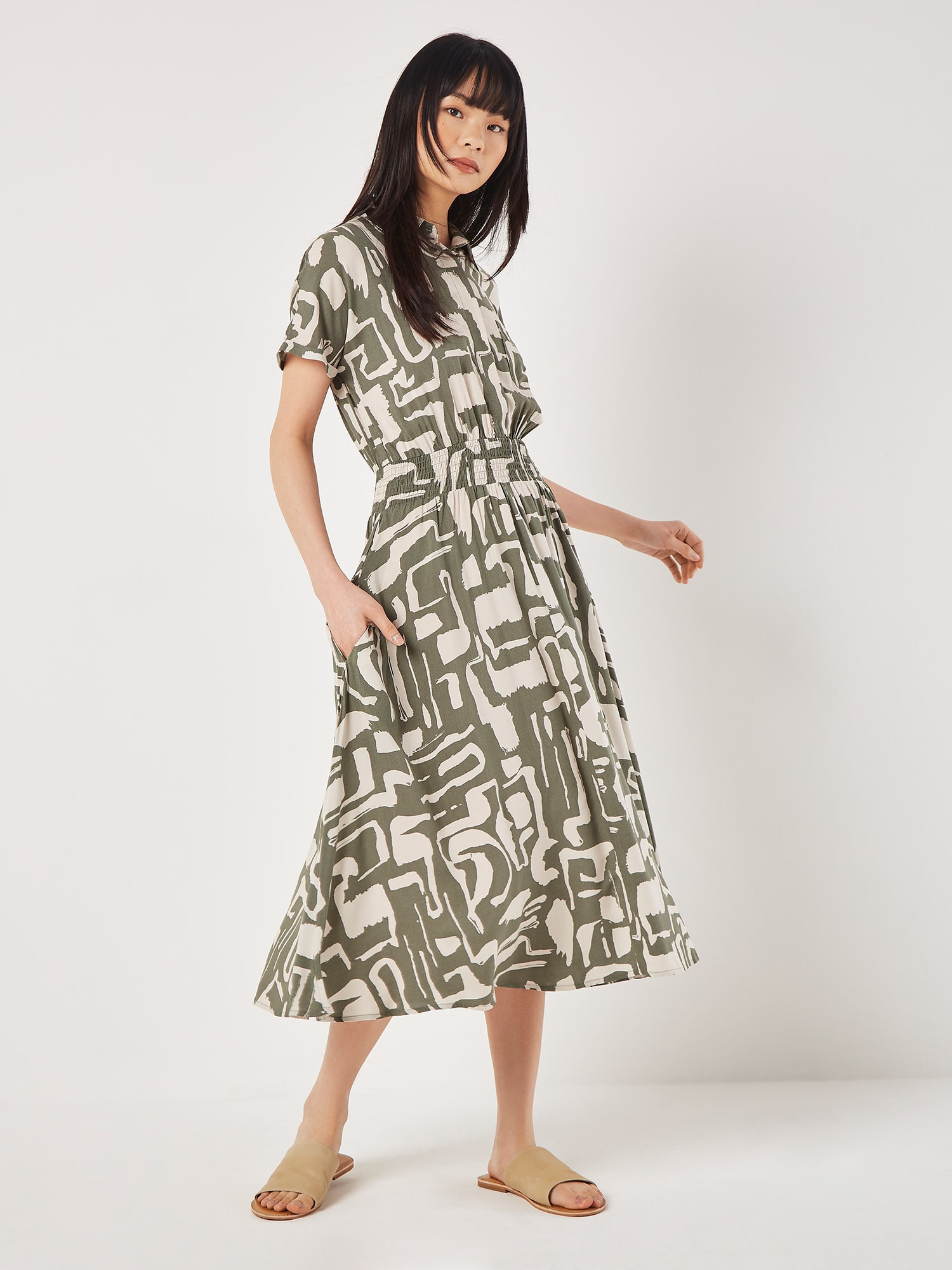 Apricot Druckkleid "Geo Grecian Shirt Midi Dress" 1 tlg. mit Smokband
